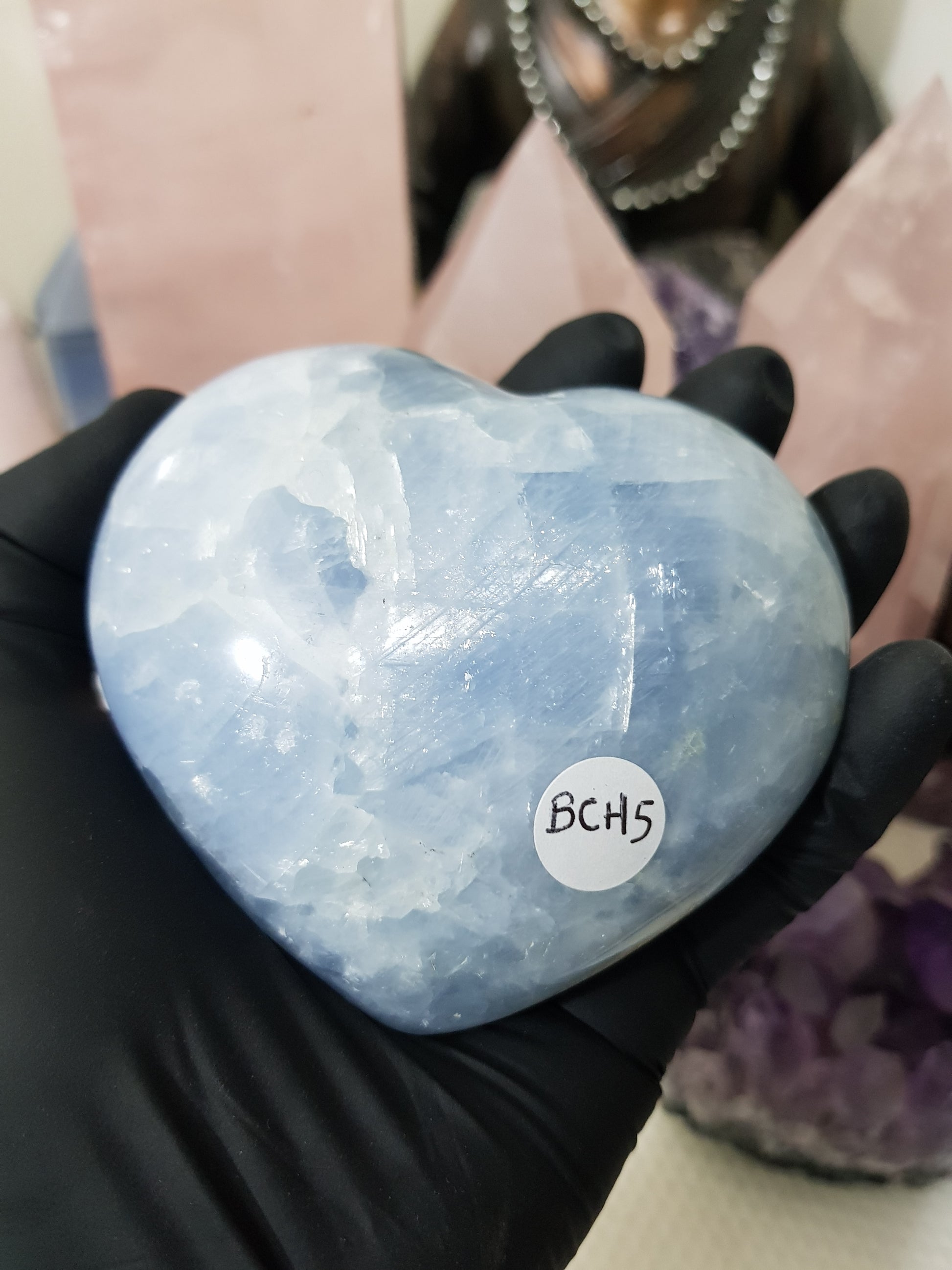 Blue calcite crystal heart polished sky blue 423g