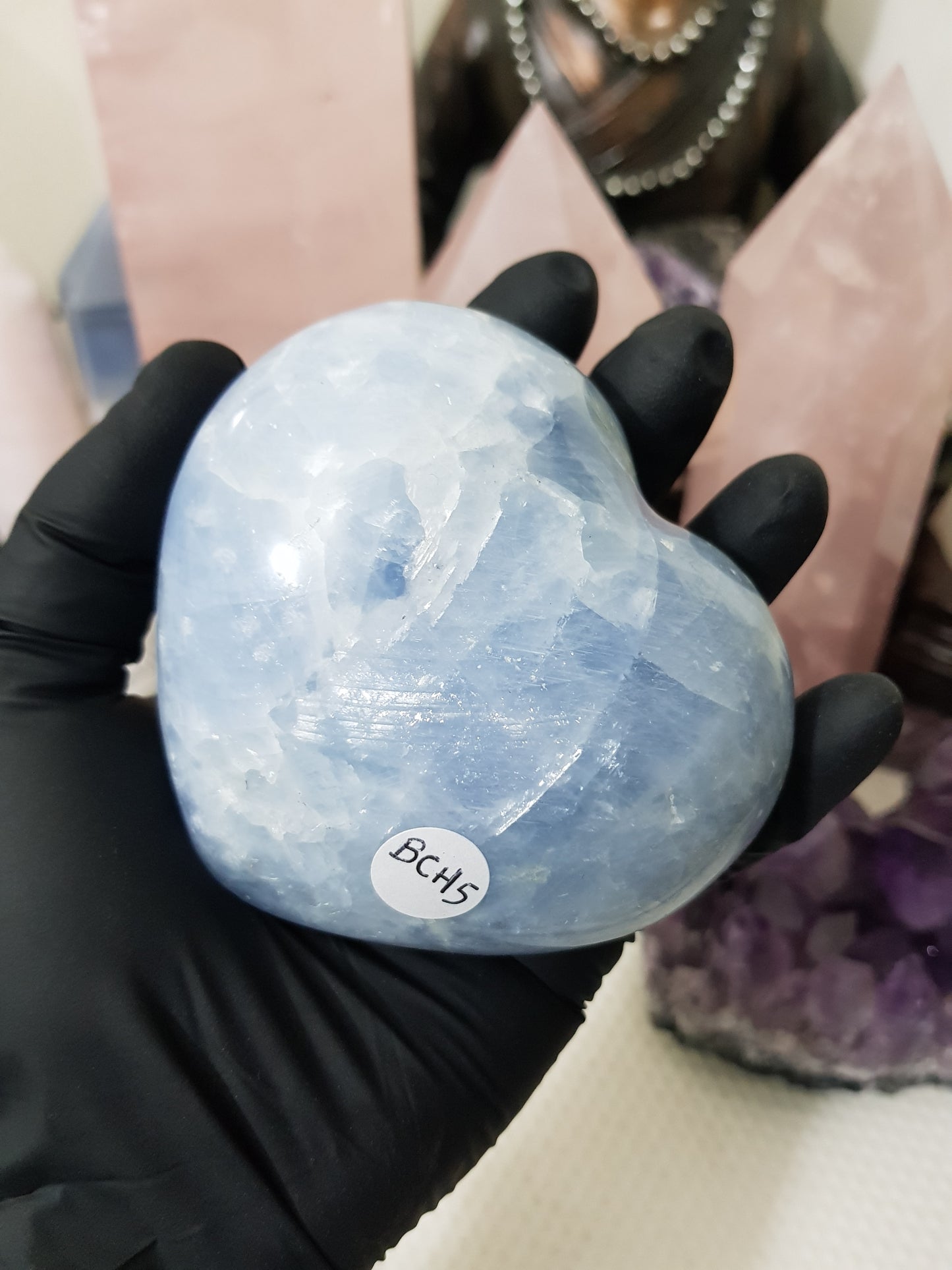 Blue calcite crystal heart polished sky blue 423g
