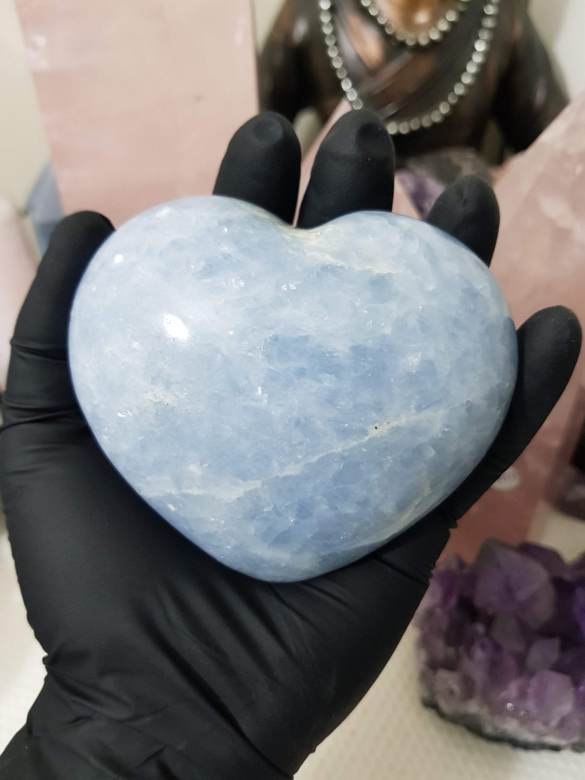 Blue calcite crystal heart polished sky blue 423g