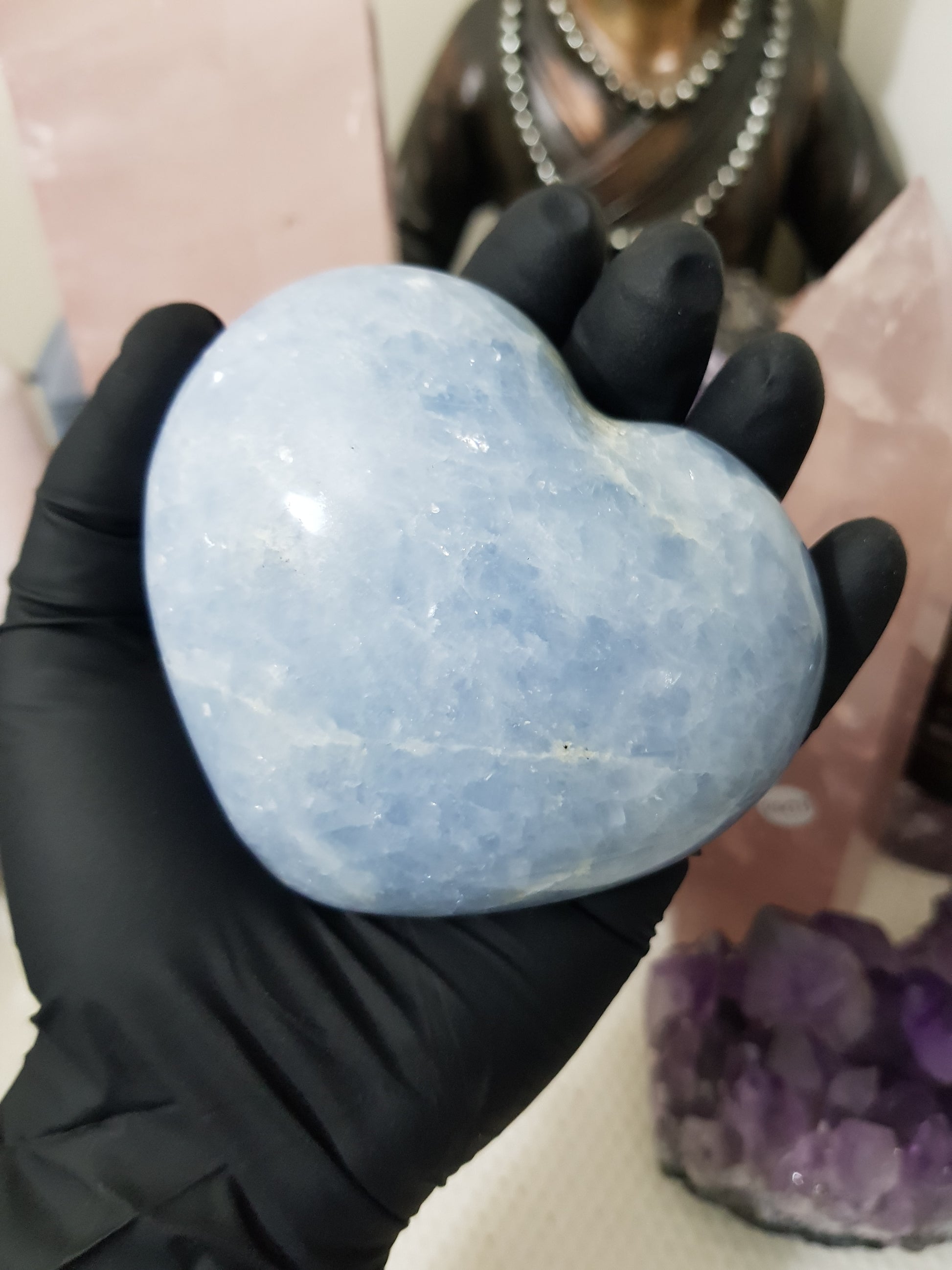 Blue calcite crystal heart polished sky blue 423g