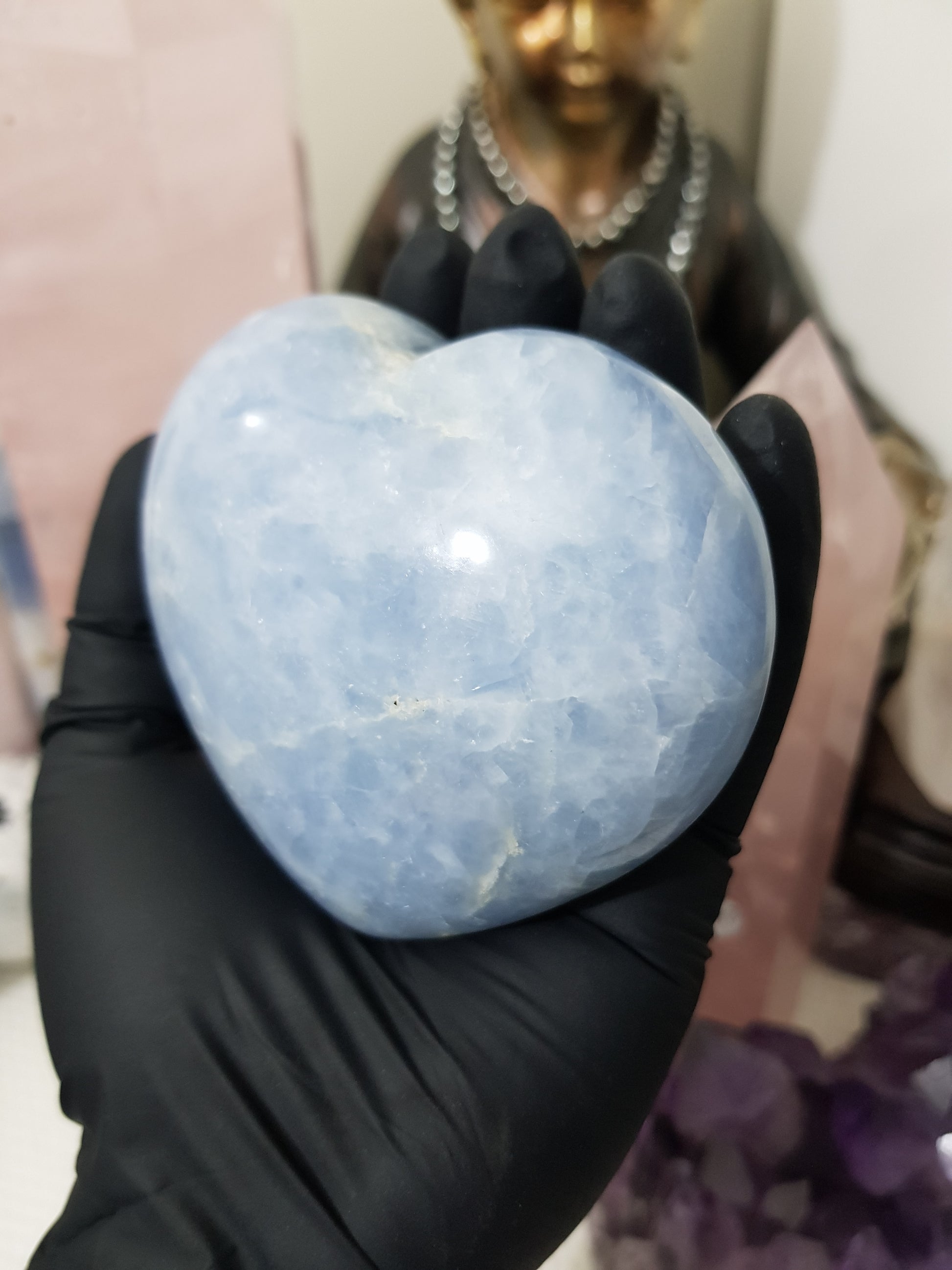 Blue calcite crystal heart polished sky blue 423g