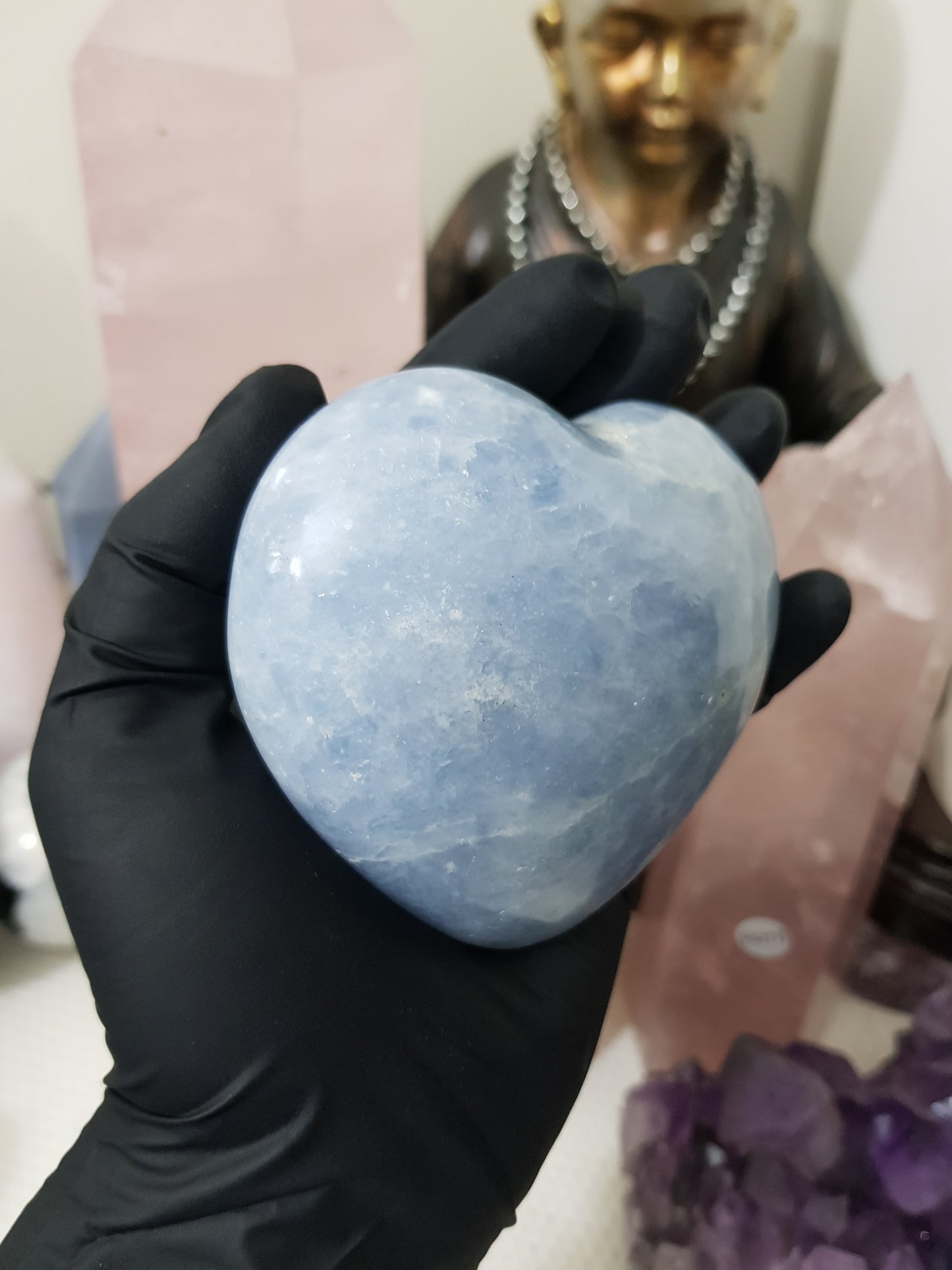 Blue calcite crystal heart polished sky blue 423g