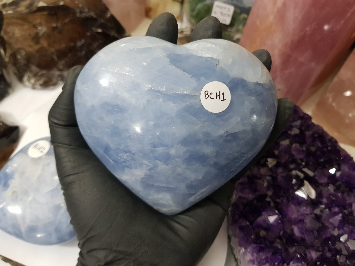 Blue calcite crystal heart polished ocean blue 506g