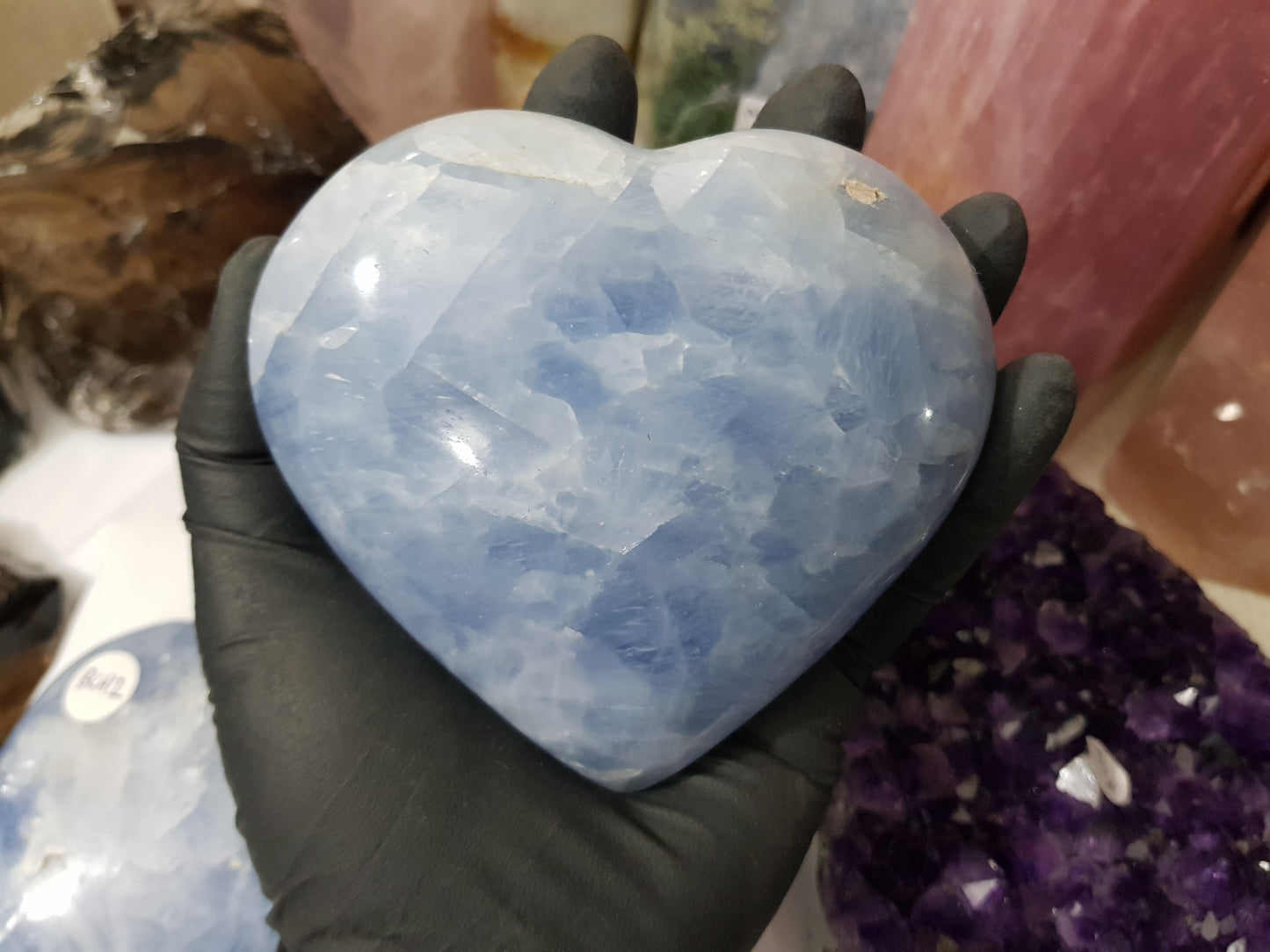 Blue calcite crystal heart polished ocean blue 506g
