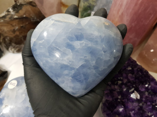 Blue calcite crystal heart polished ocean blue 506g