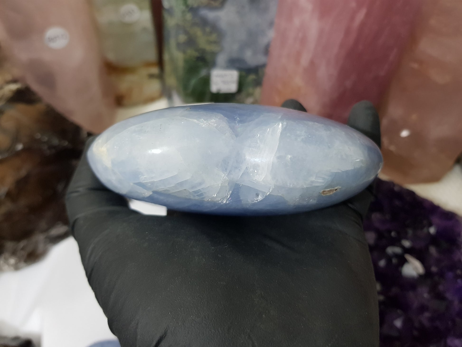 Blue calcite crystal heart polished ocean blue 506g