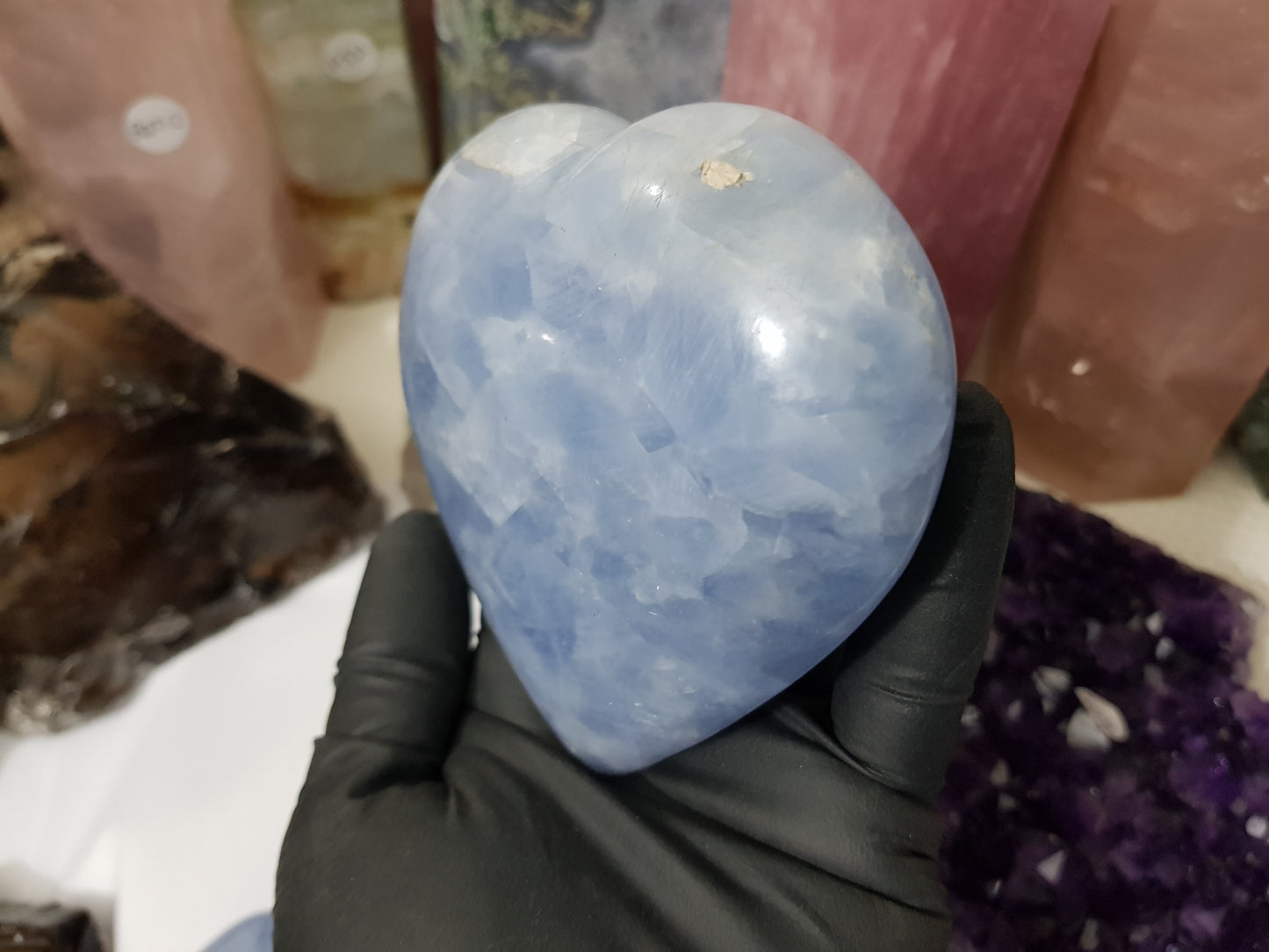 Blue calcite crystal heart polished ocean blue 506g
