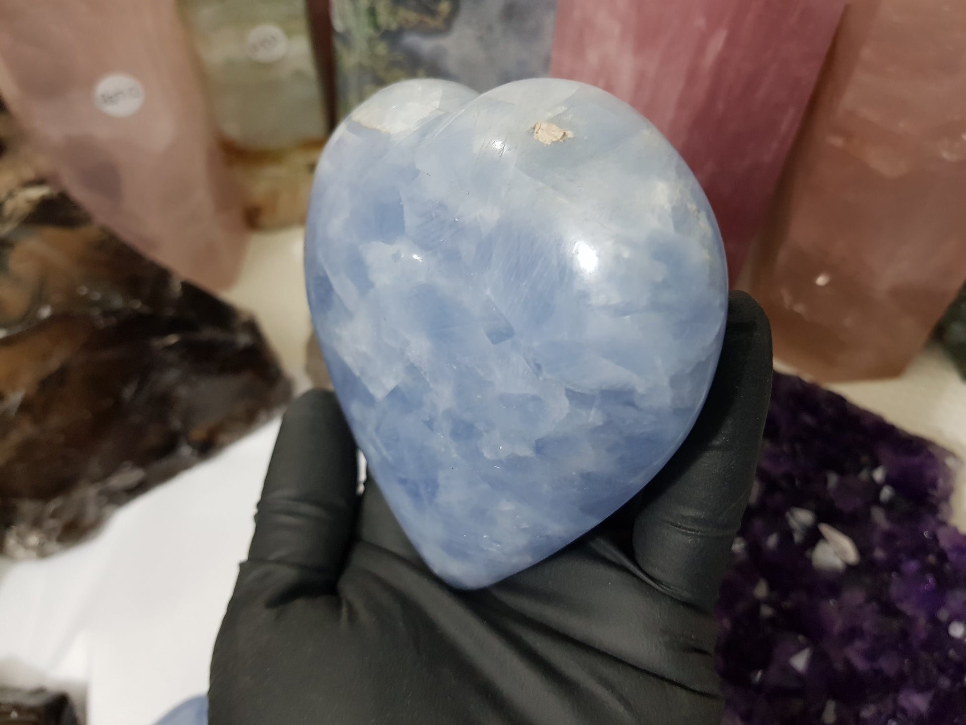 Blue calcite crystal heart polished ocean blue 506g