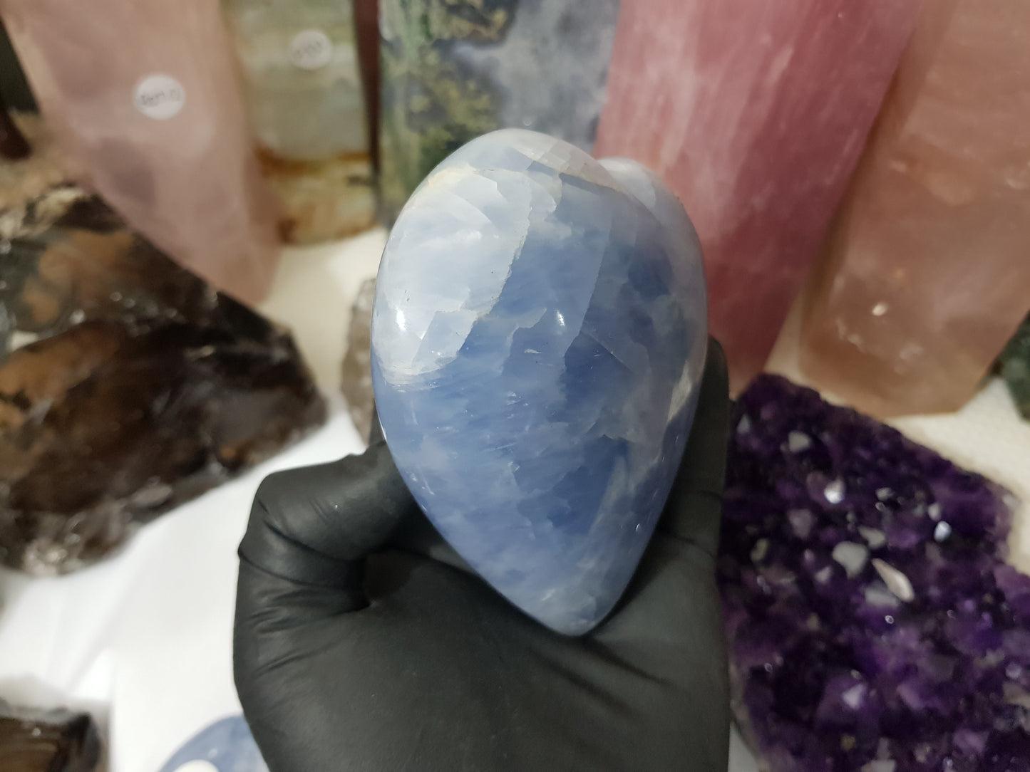Blue calcite crystal heart polished ocean blue 506g