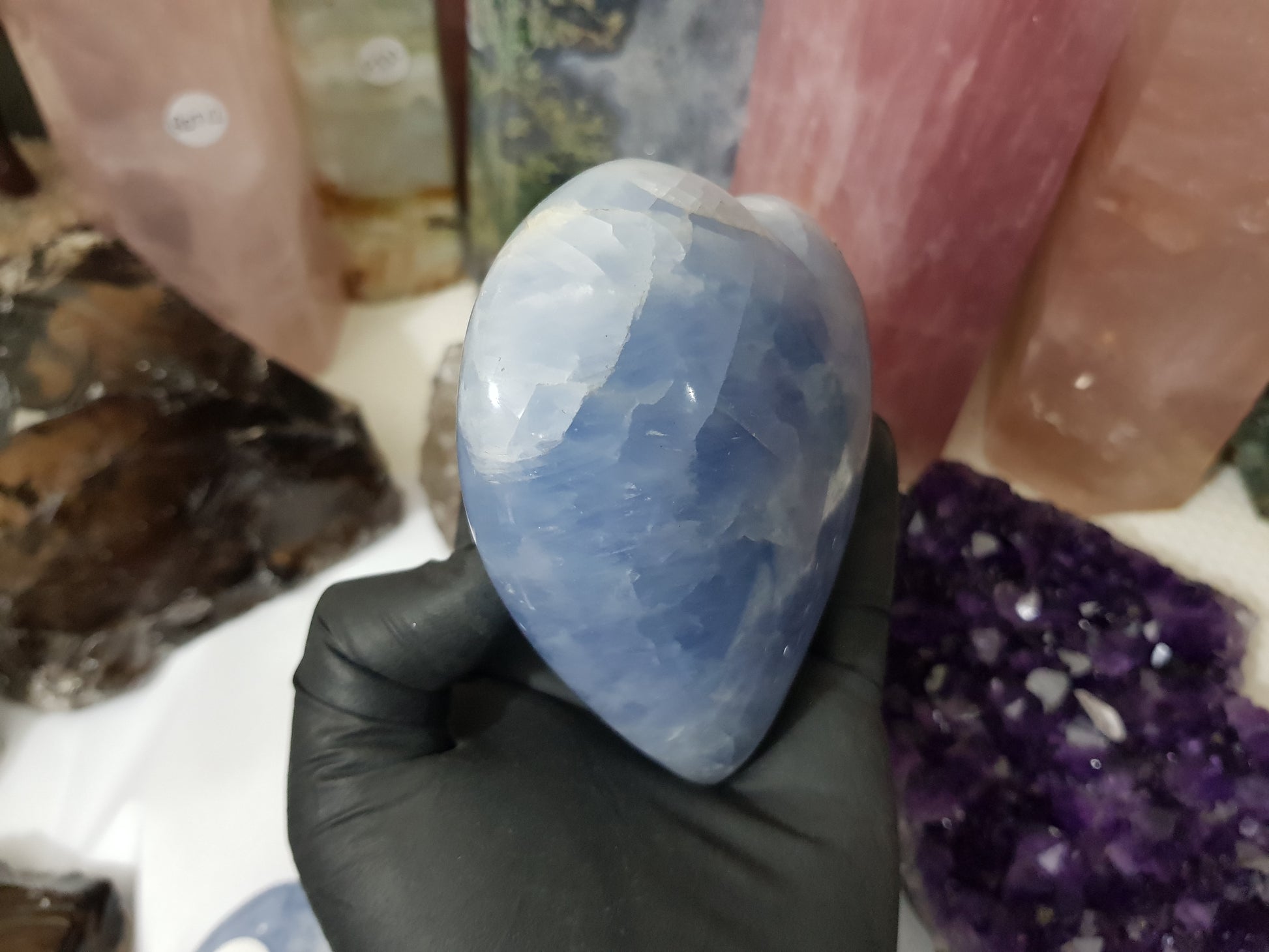 Blue calcite crystal heart polished ocean blue 506g