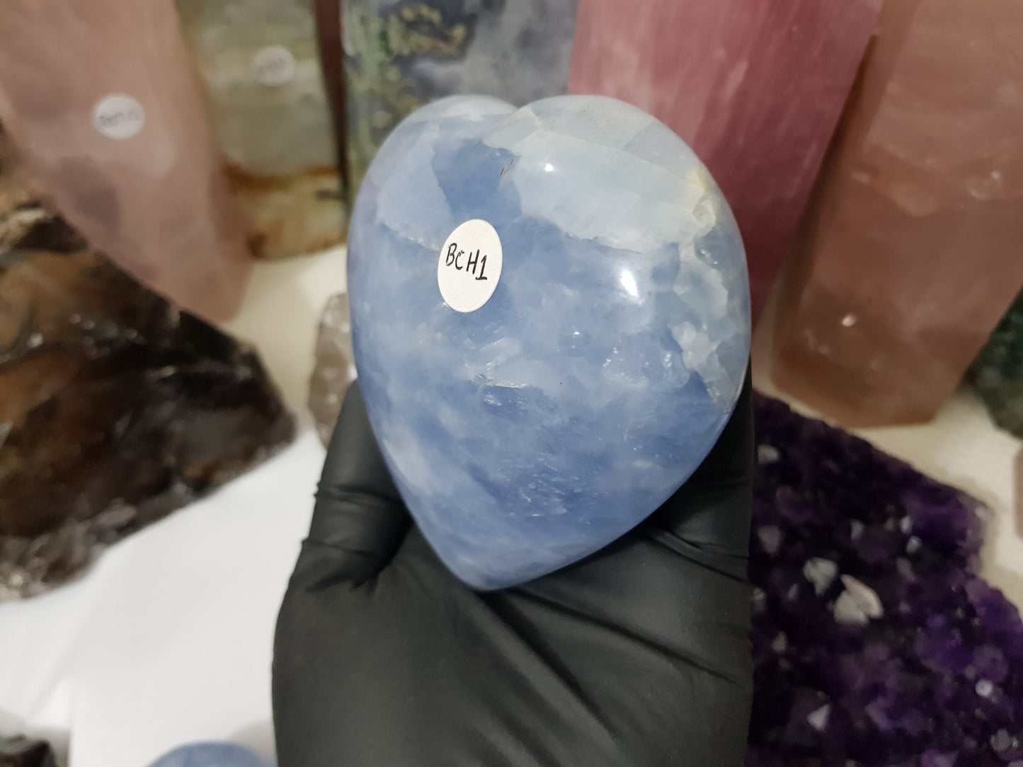 Blue calcite crystal heart polished ocean blue 506g