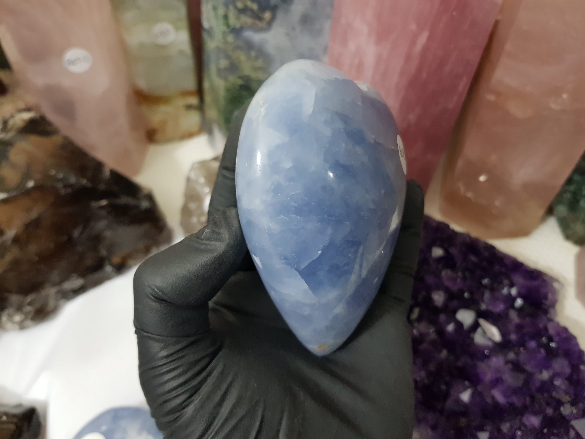 Blue calcite crystal heart polished ocean blue 506g