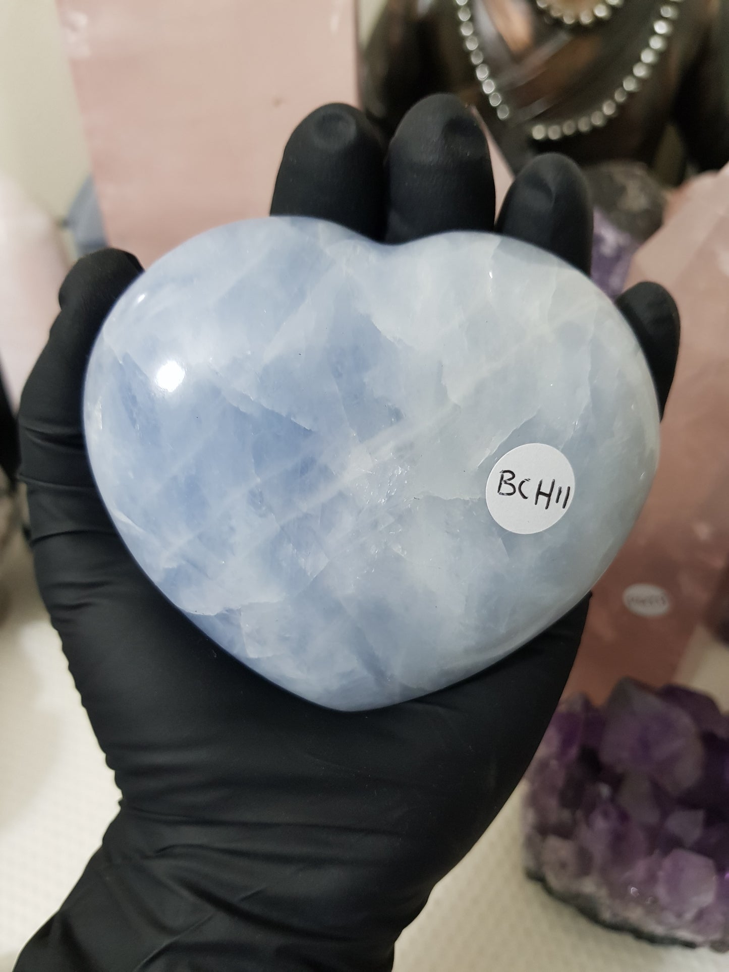 Blue calcite crystal heart polished sky blue 400g