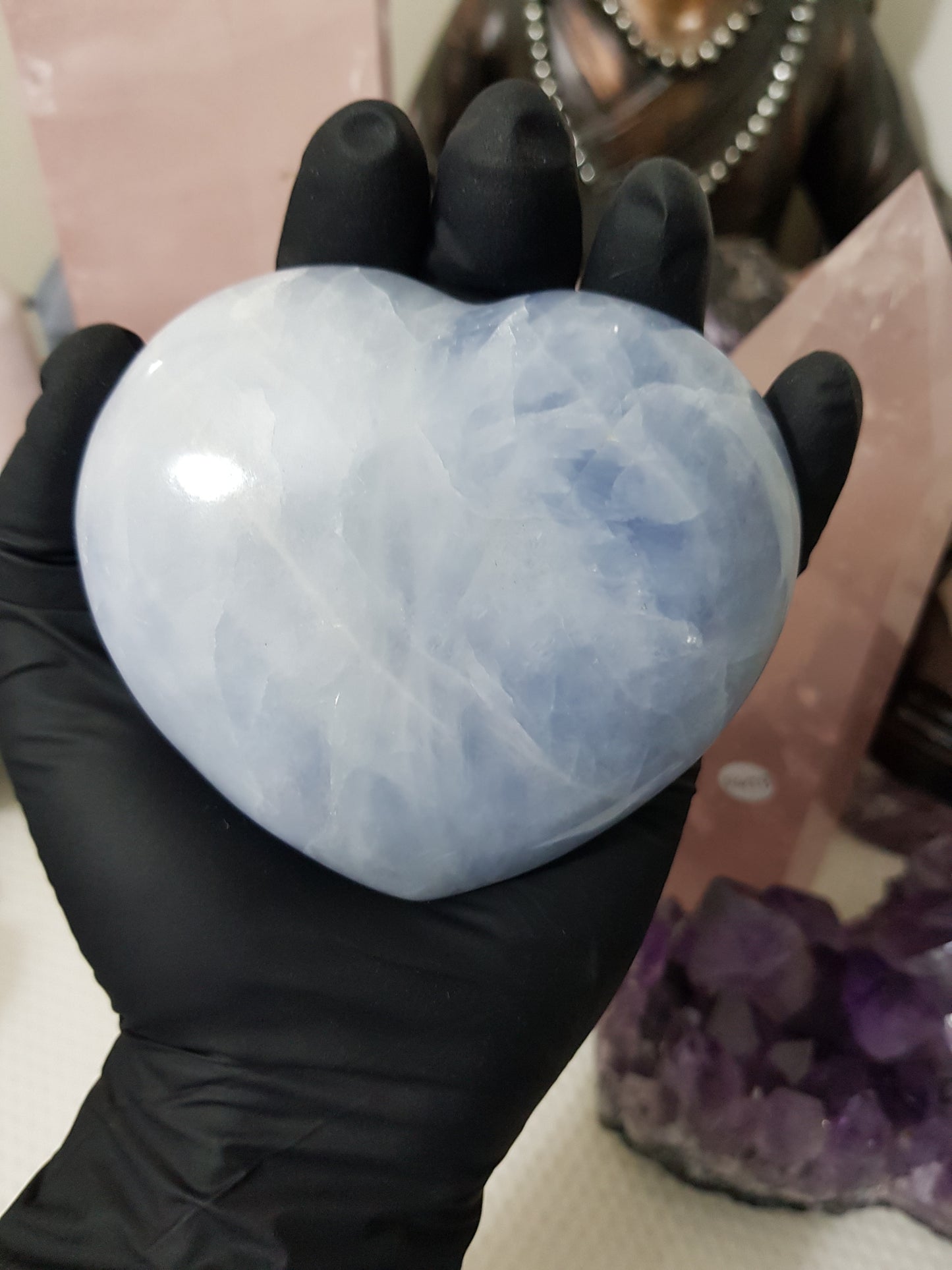 Blue calcite crystal heart polished sky blue 400g