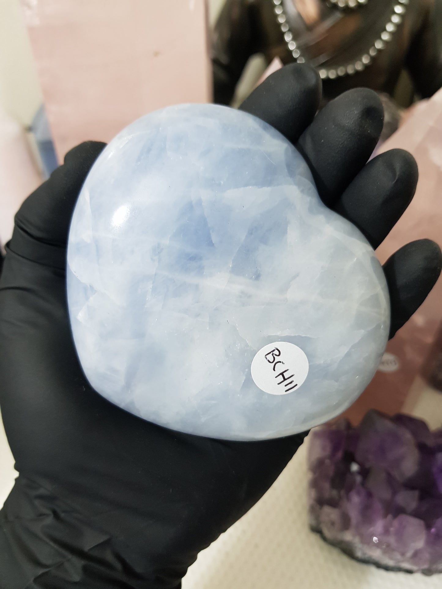 Blue calcite crystal heart polished sky blue 400g