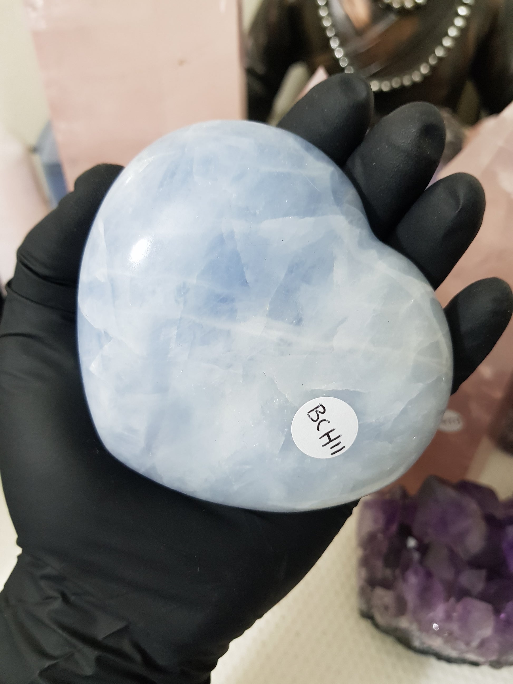 Blue calcite crystal heart polished sky blue 400g