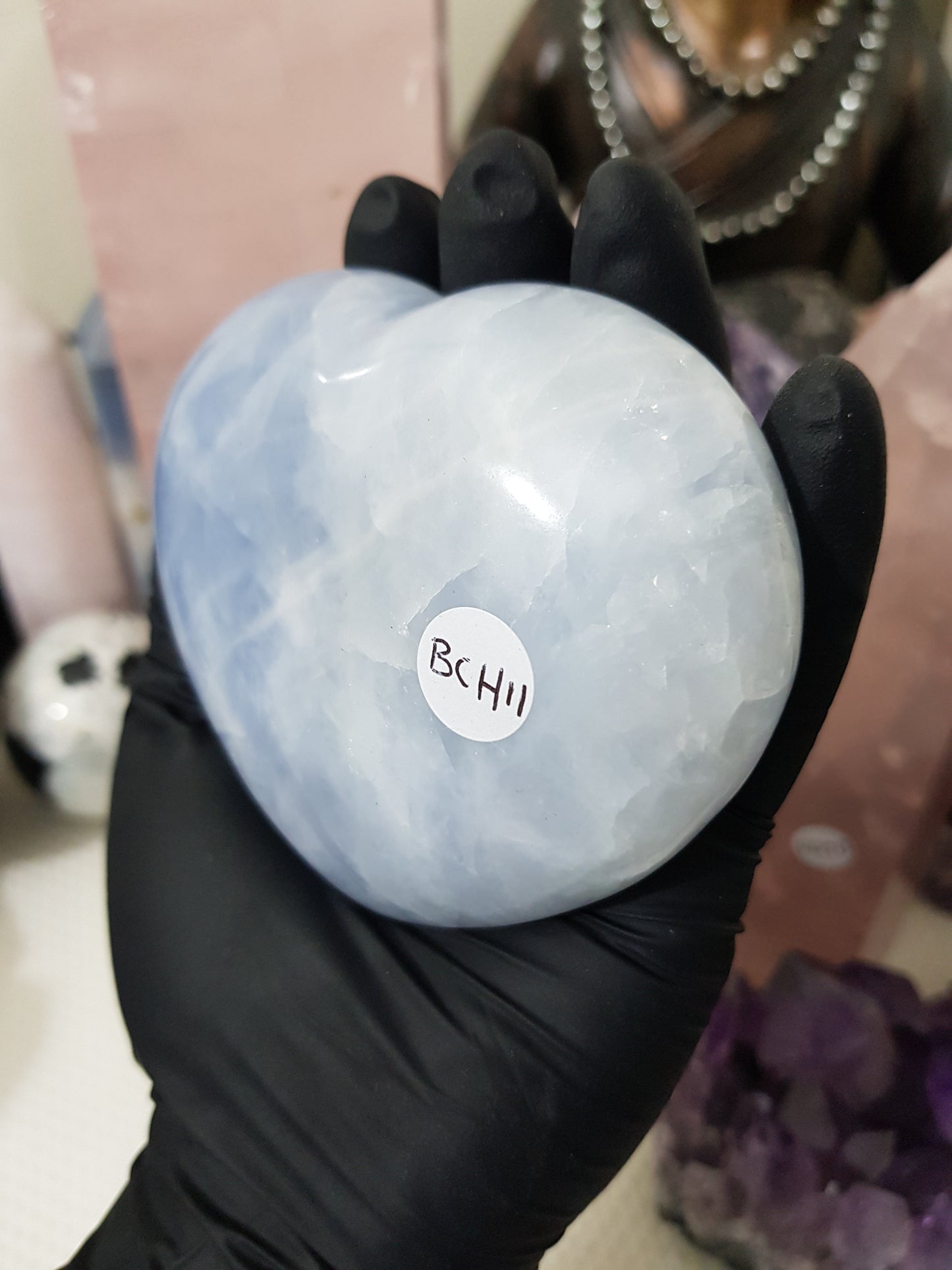 Blue calcite crystal heart polished sky blue 400g