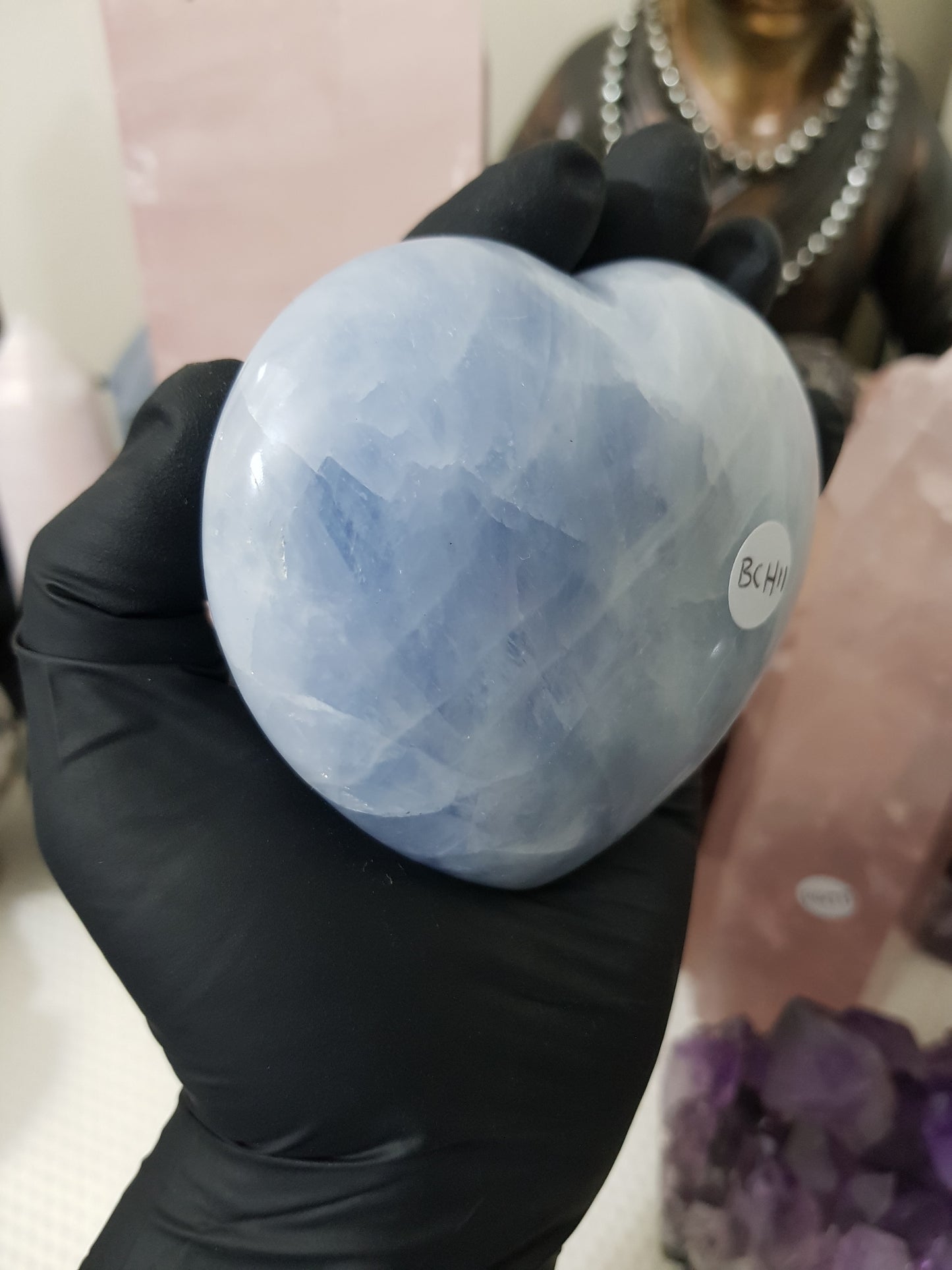 Blue calcite crystal heart polished sky blue 400g