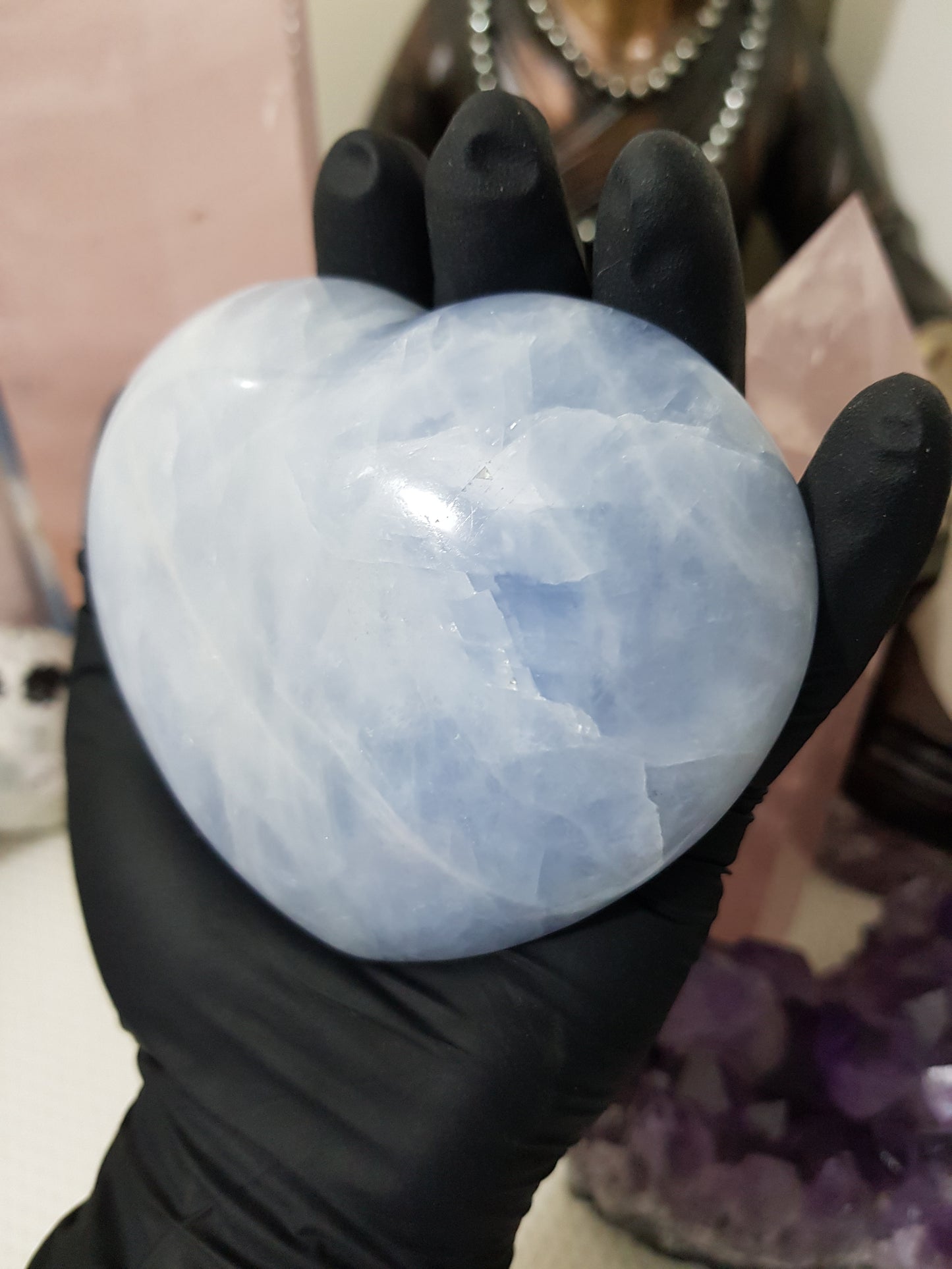 Blue calcite crystal heart polished sky blue 400g