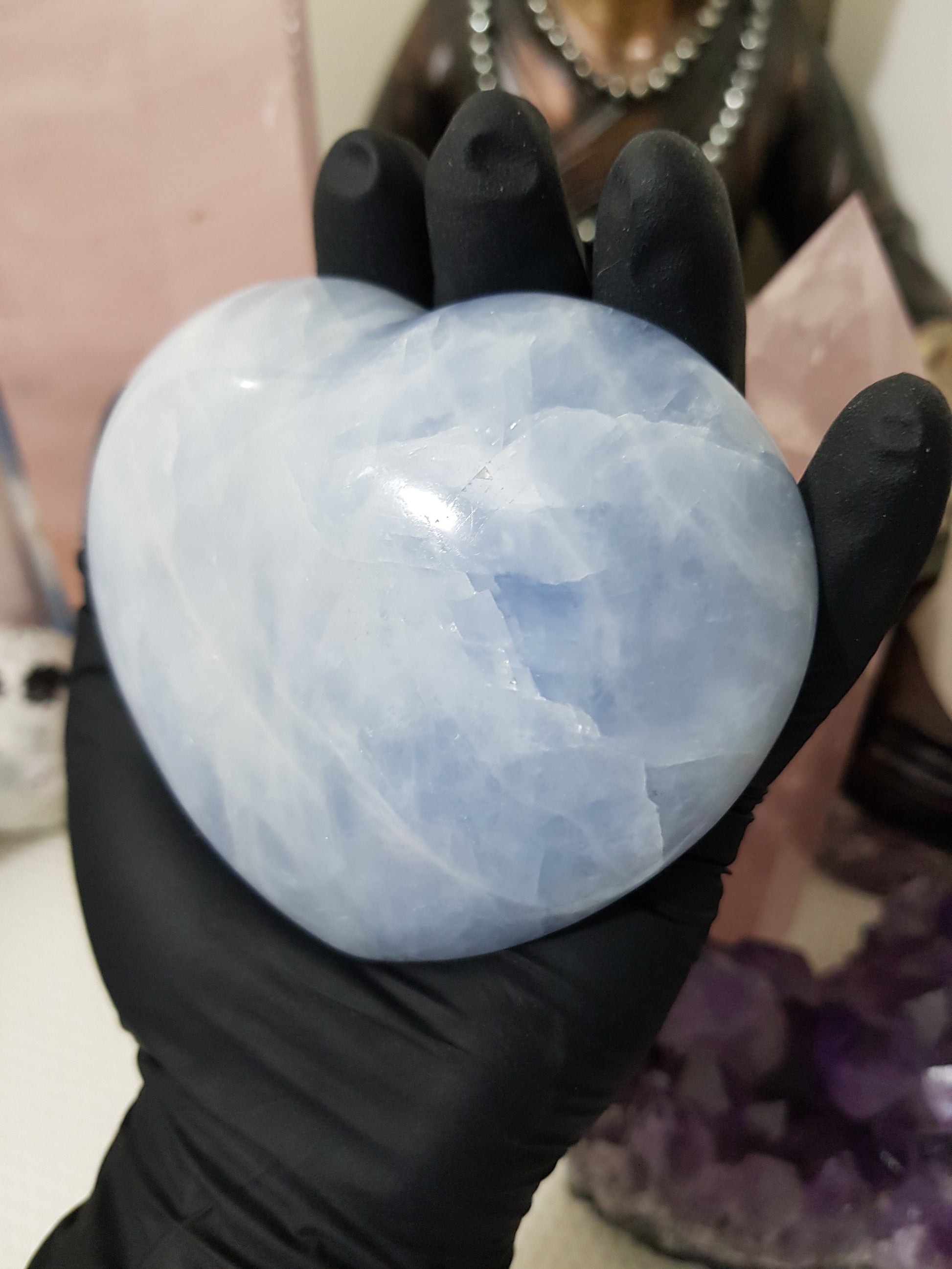 Blue calcite crystal heart polished sky blue 400g