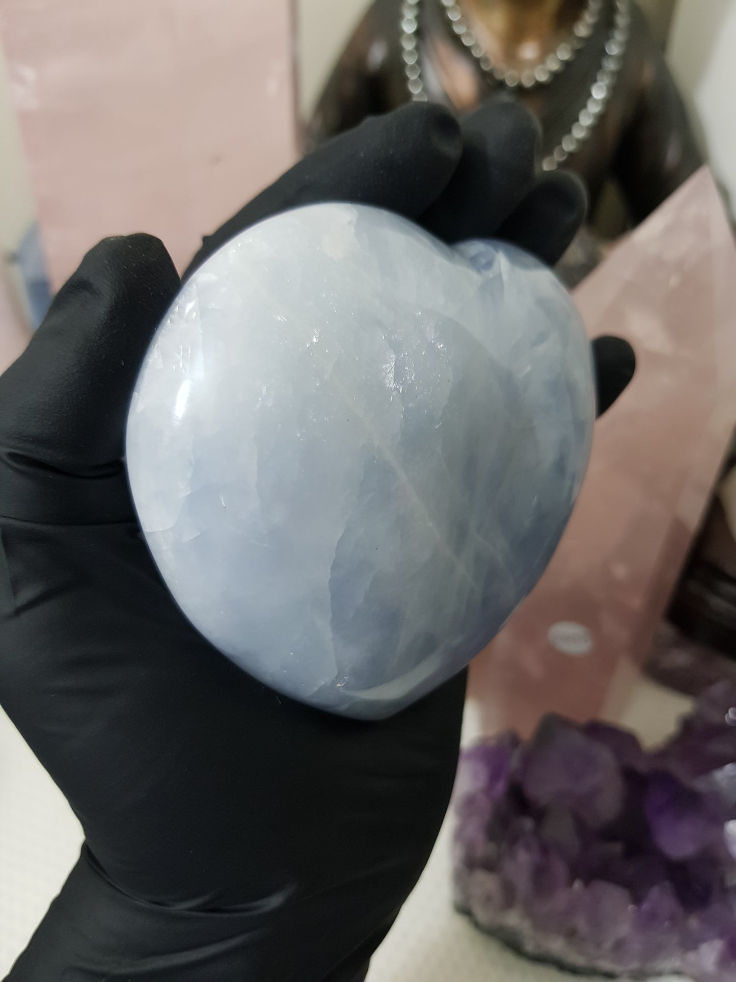 Blue calcite crystal heart polished sky blue 400g