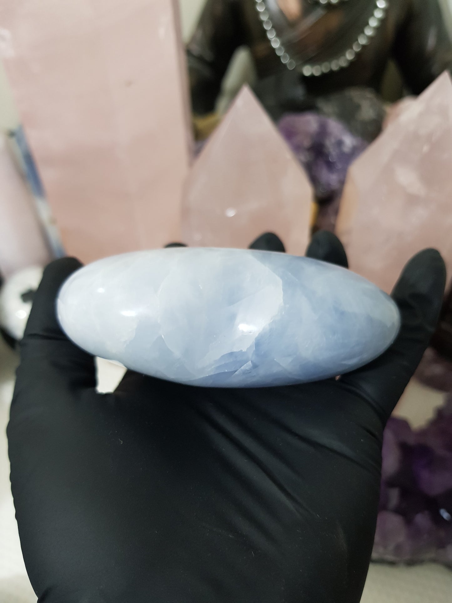 Blue calcite crystal heart polished sky blue 400g