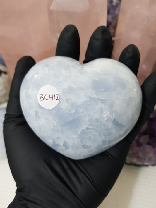 Blue calcite crystal heart polished sky blue 417g