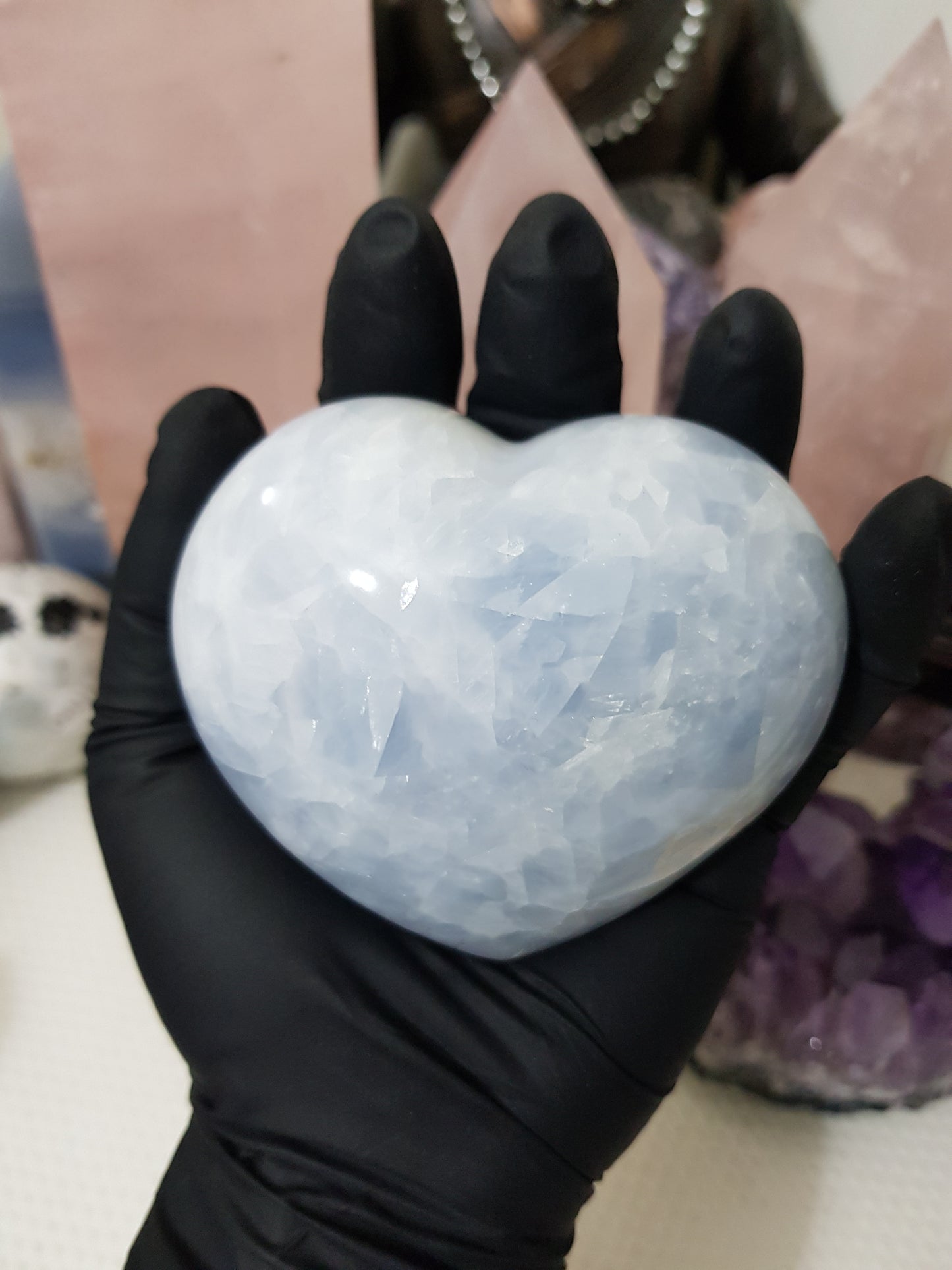 Blue calcite crystal heart polished sky blue 417g