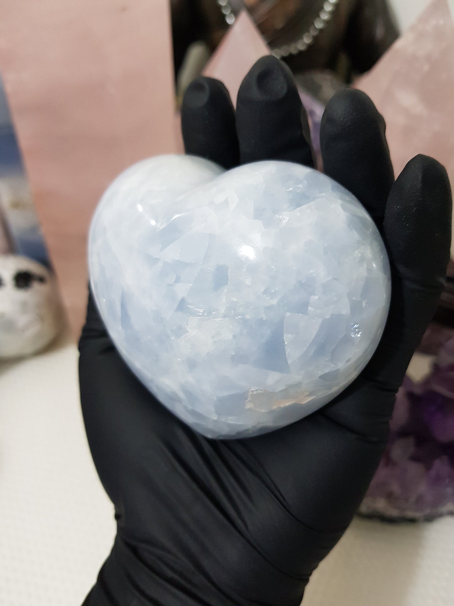 Blue calcite crystal heart polished sky blue 417g