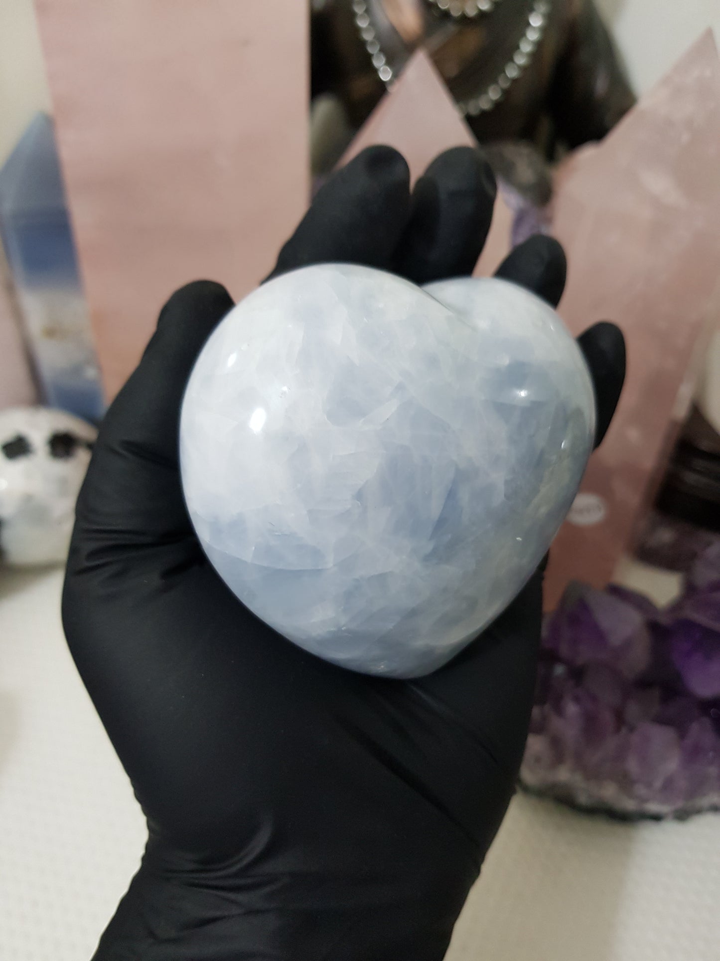Blue calcite crystal heart polished sky blue 417g
