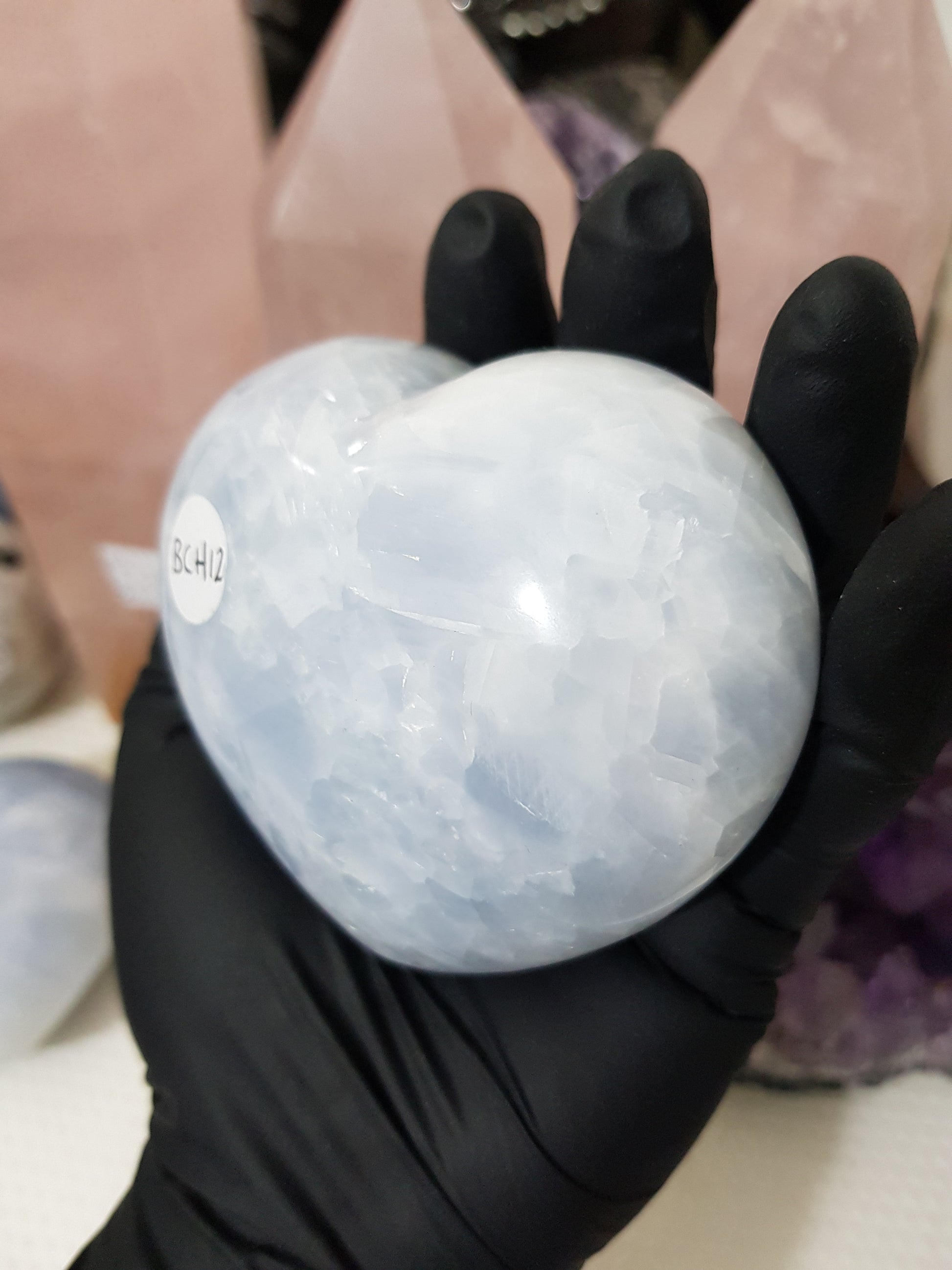 Blue calcite crystal heart polished sky blue 417g