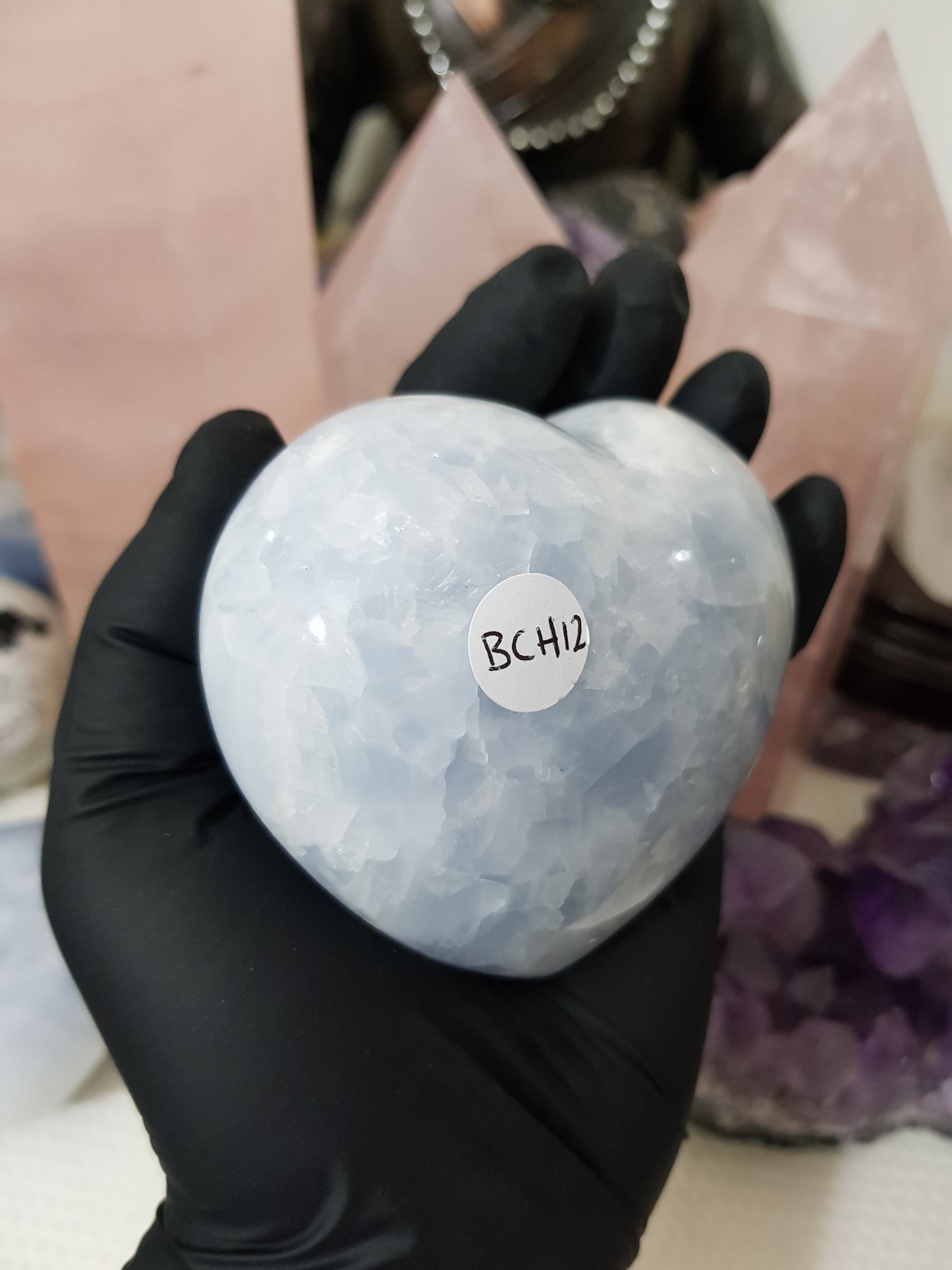 Blue calcite crystal heart polished sky blue 417g