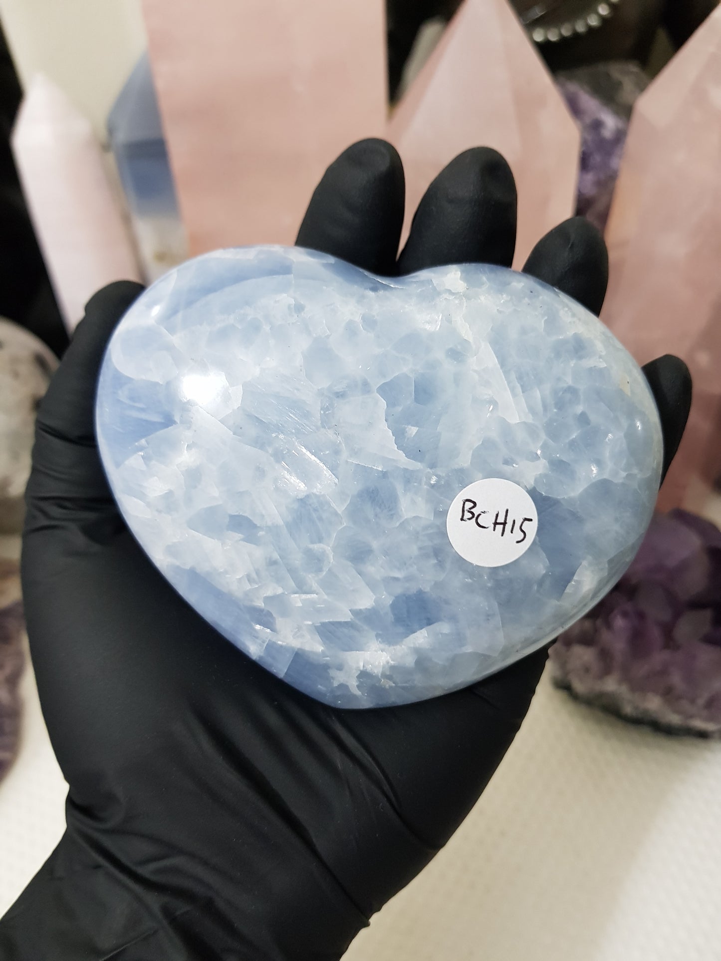 Blue calcite crystal heart polished sky blue 439g