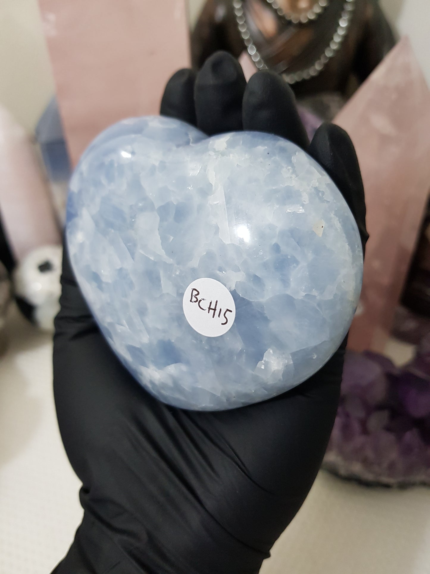 Blue calcite crystal heart polished sky blue 439g
