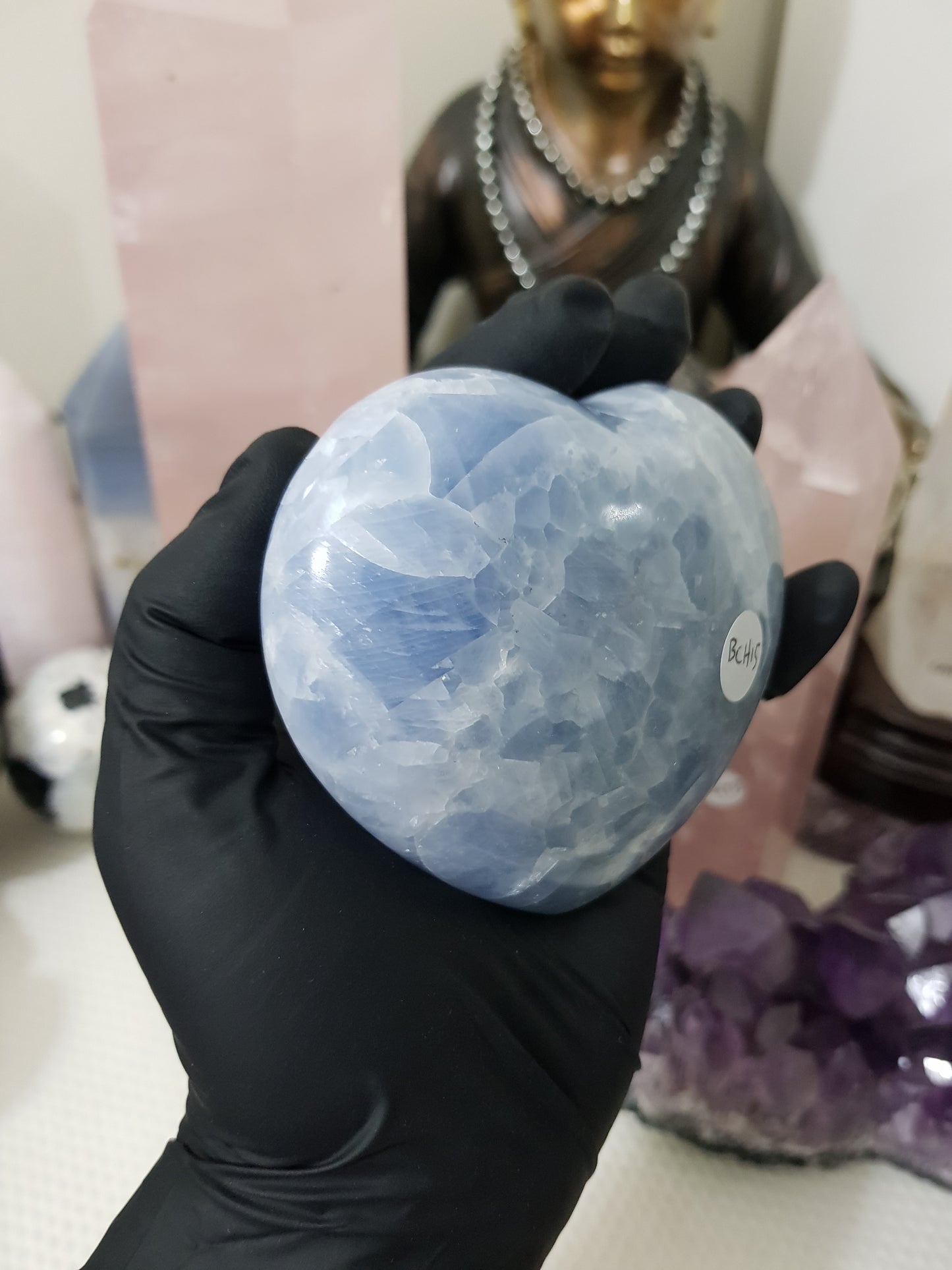 Blue calcite crystal heart polished sky blue 439g