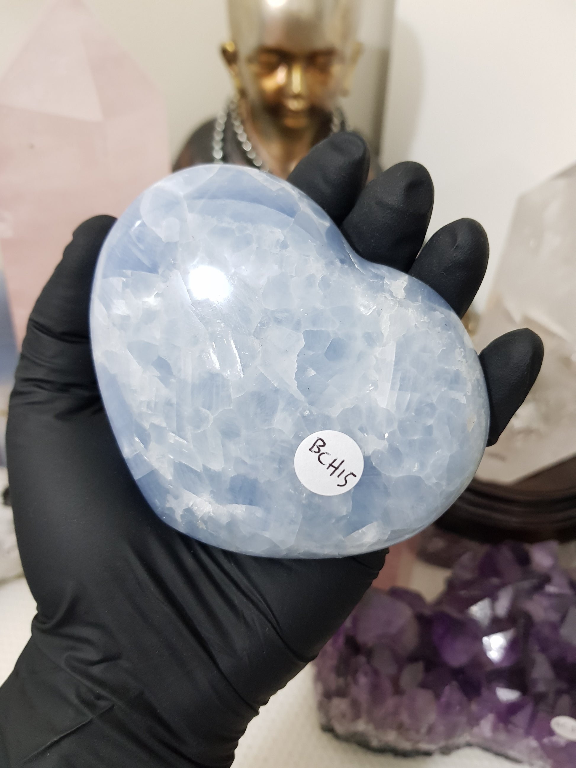 Blue calcite crystal heart polished sky blue 439g