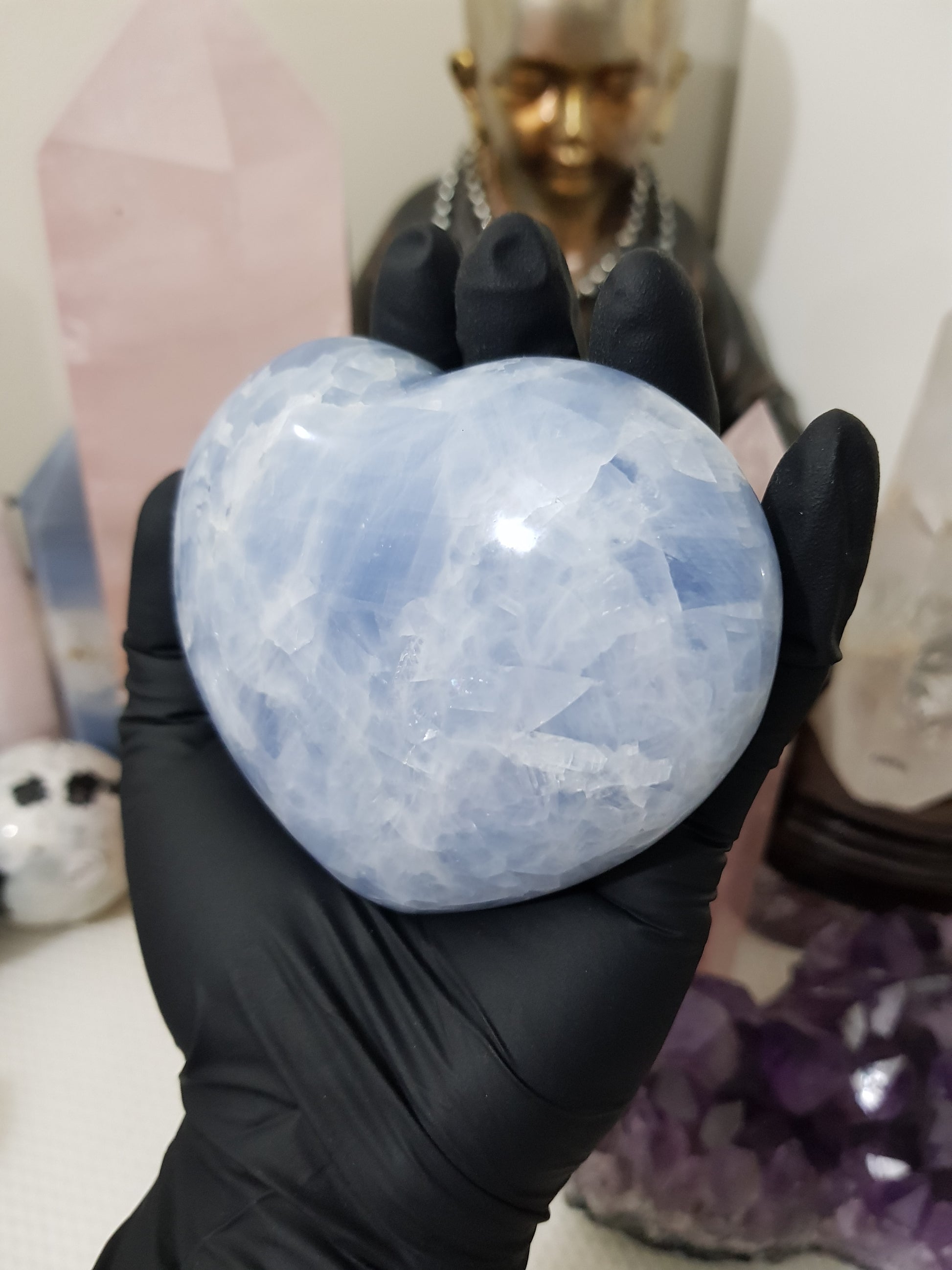 Blue calcite crystal heart polished sky blue 439g
