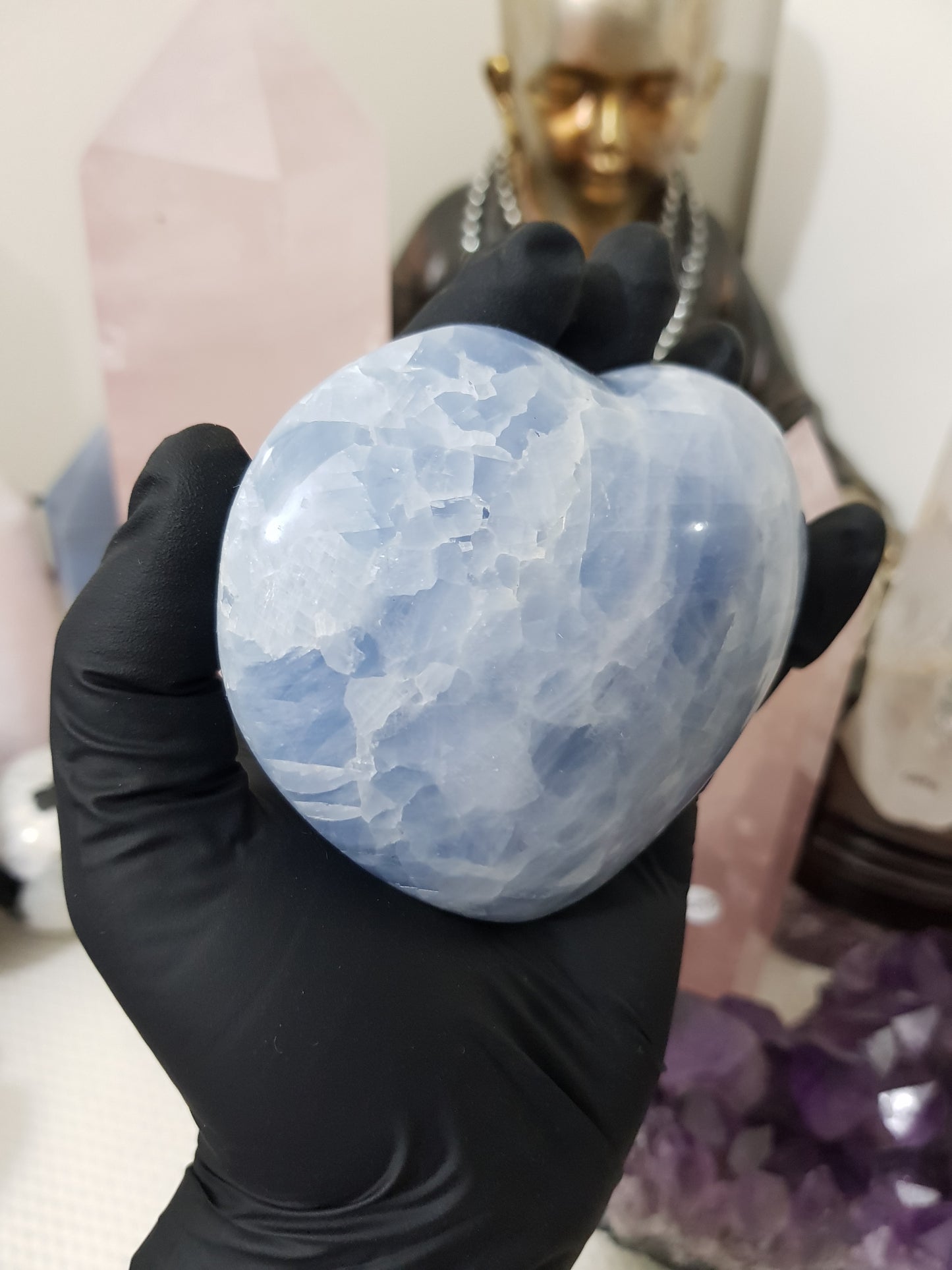 Blue calcite crystal heart polished sky blue 439g
