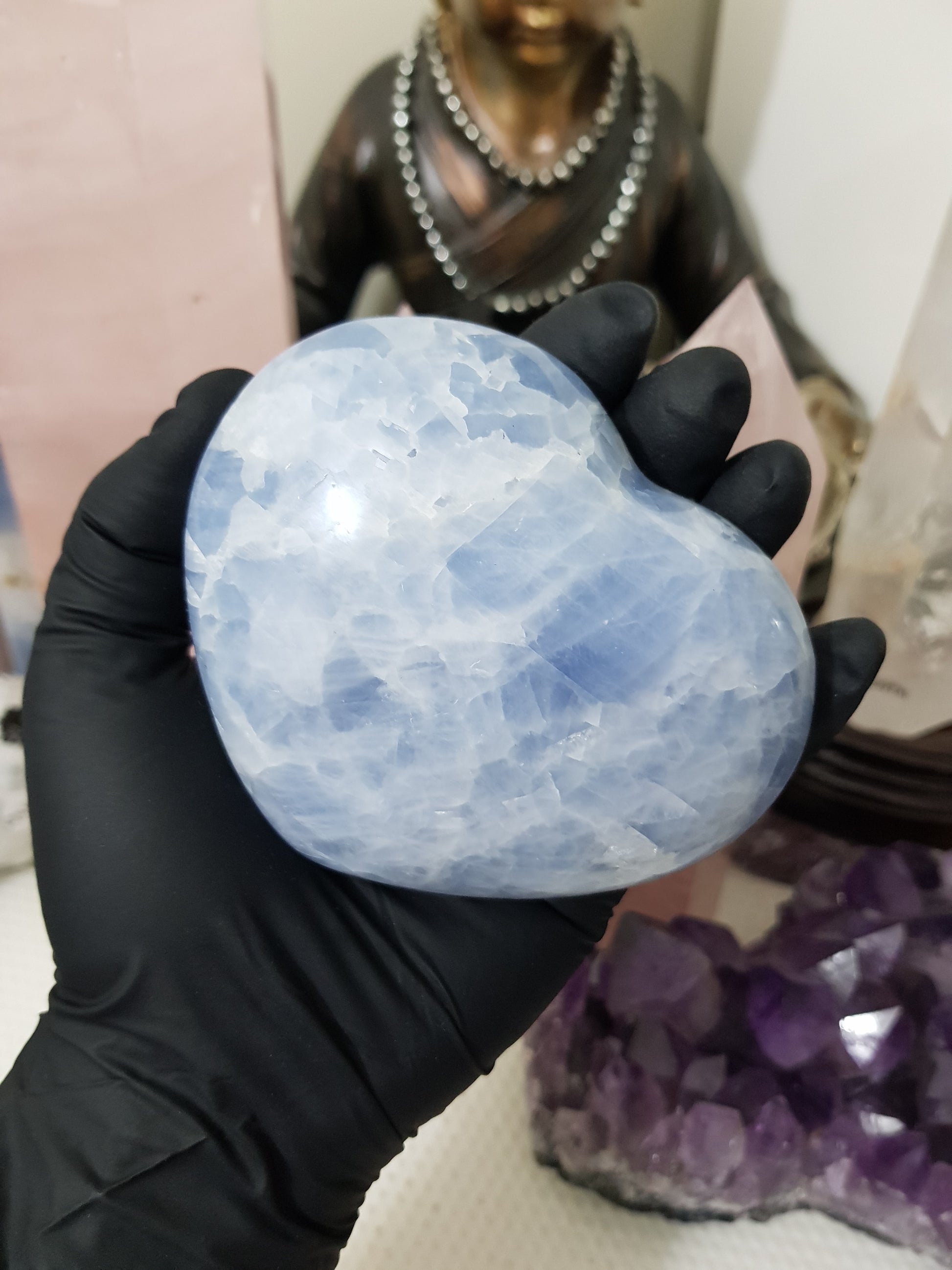 Blue calcite crystal heart polished sky blue 439g
