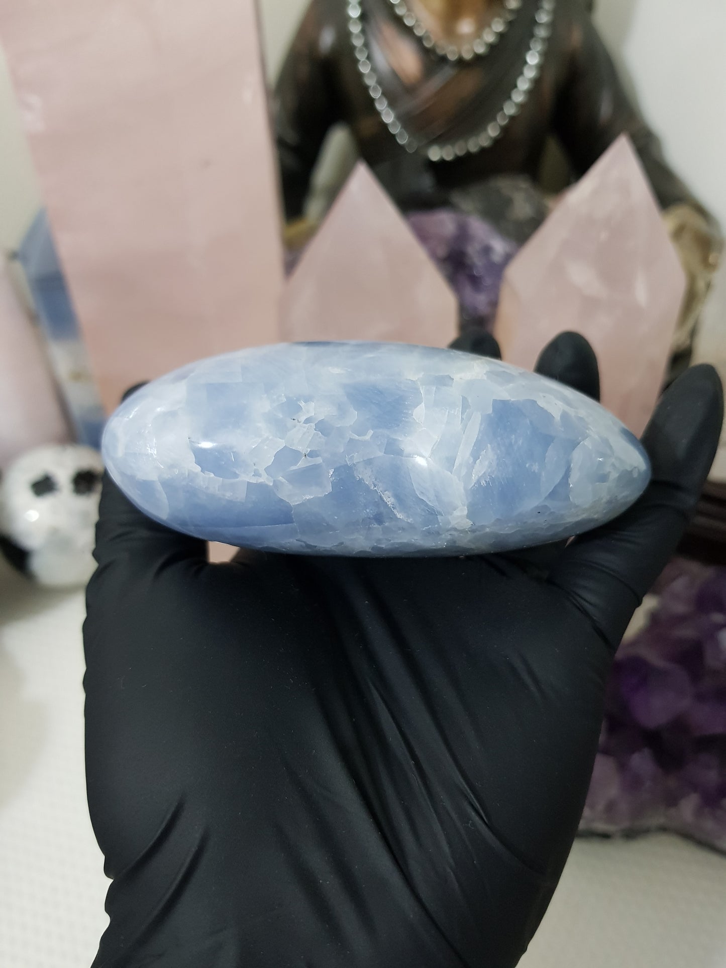 Blue calcite crystal heart polished sky blue 439g