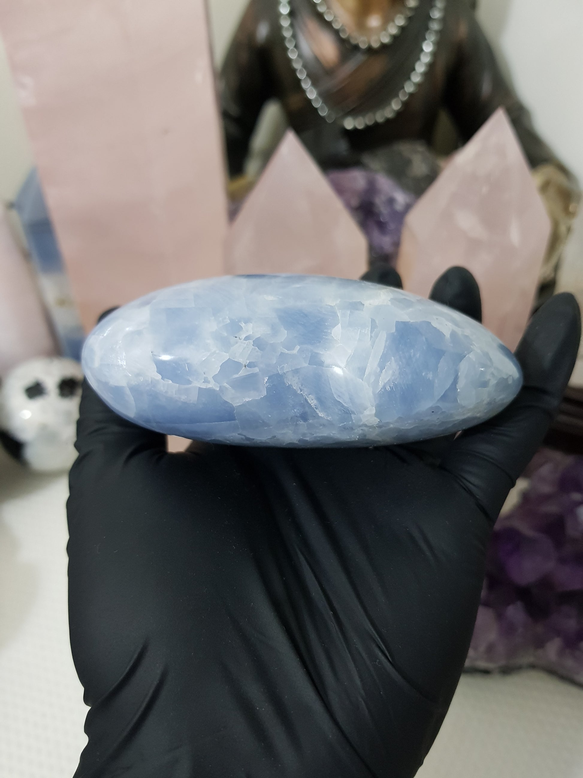 Blue calcite crystal heart polished sky blue 439g