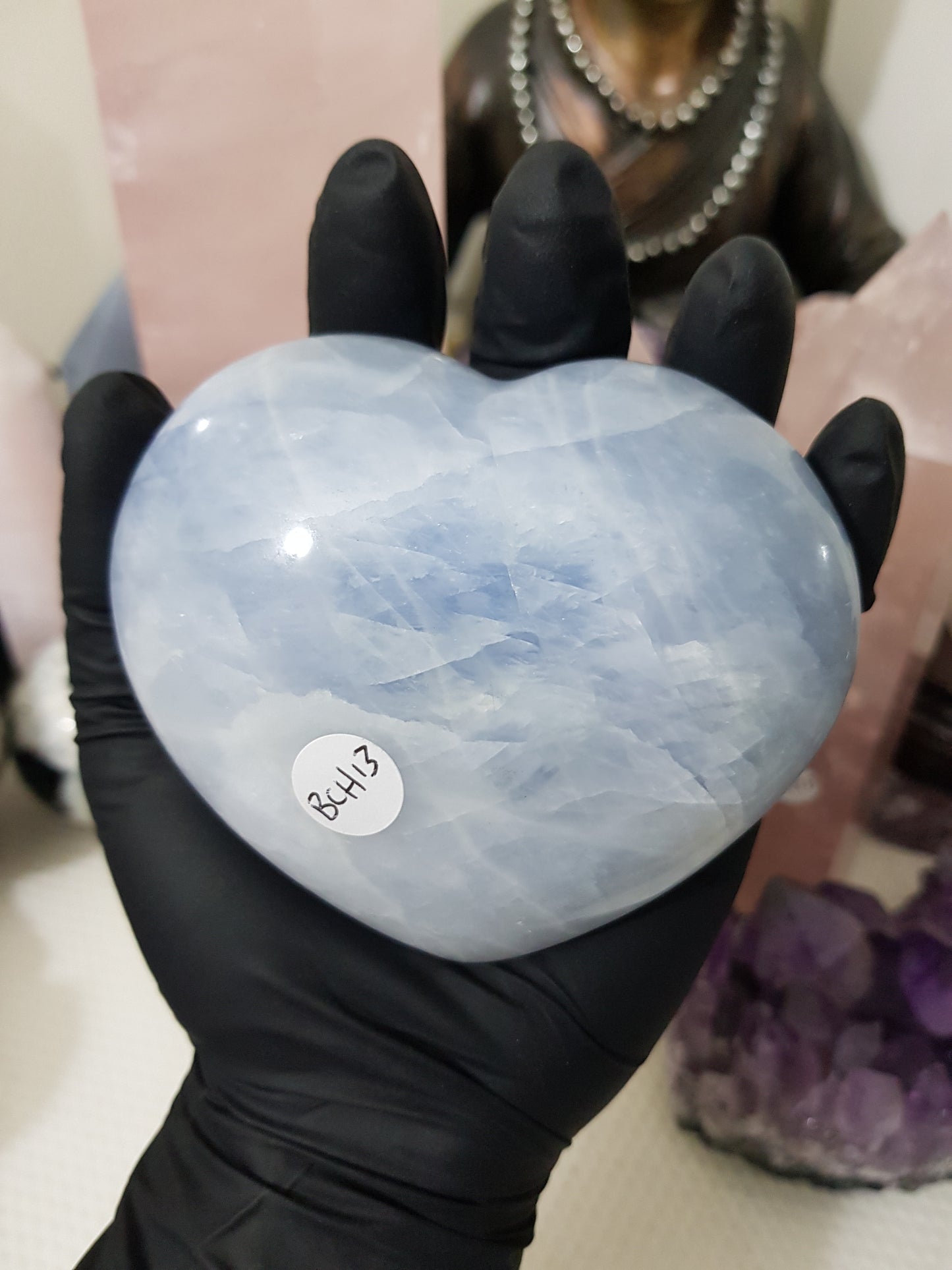 Blue calcite crystal heart polished sky blue 476g