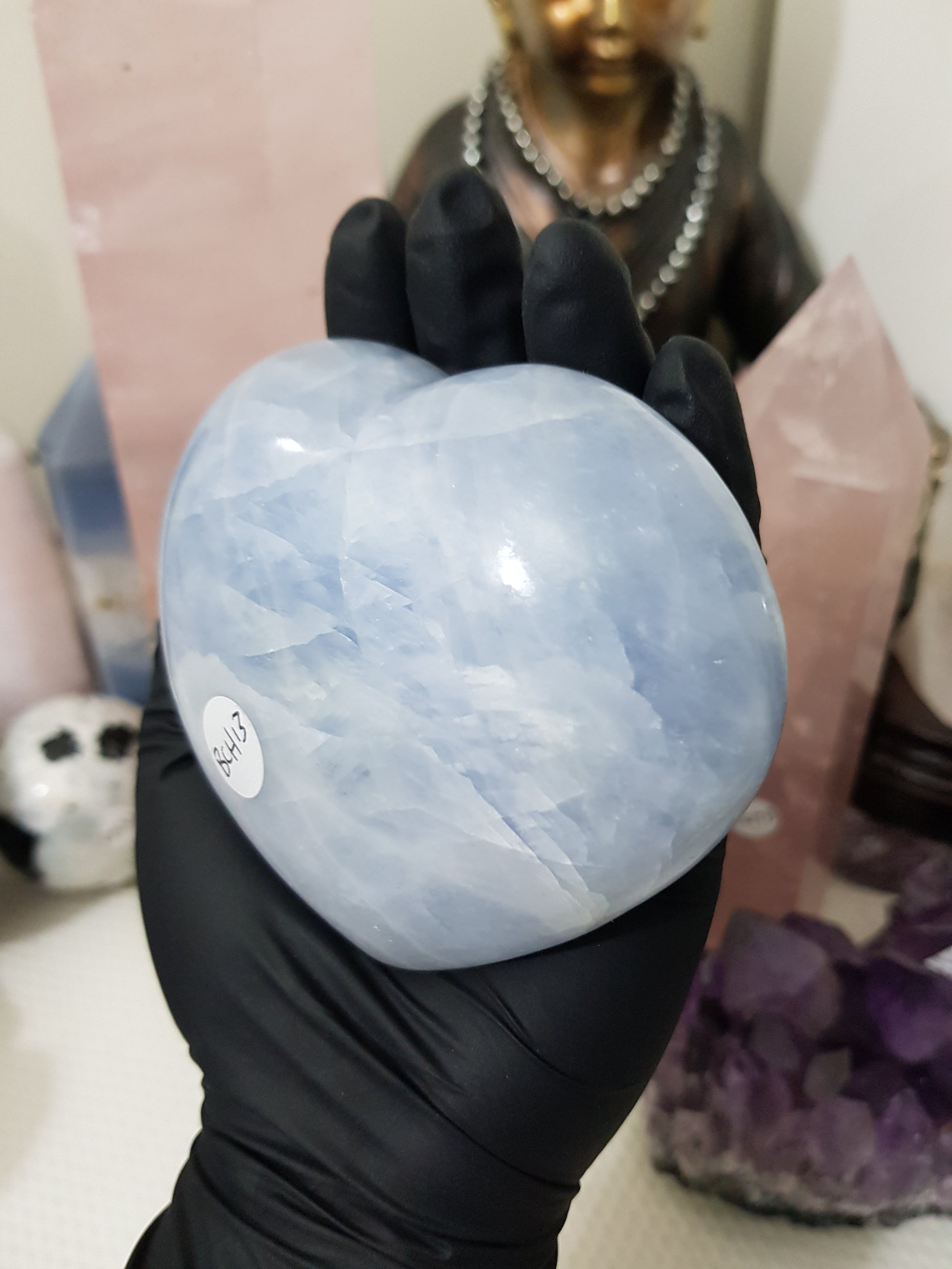 Blue calcite crystal heart polished sky blue 476g