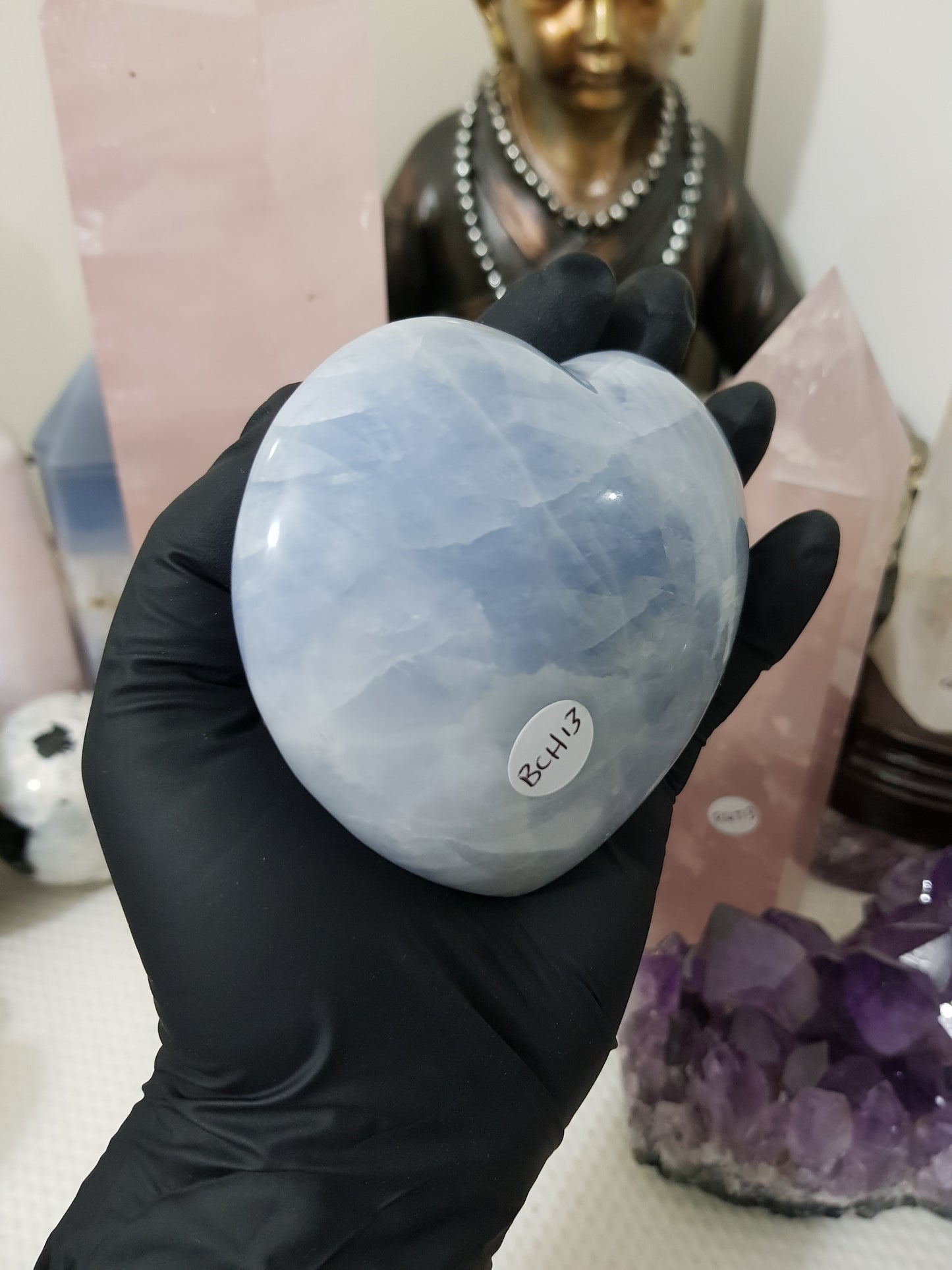 Blue calcite crystal heart polished sky blue 476g