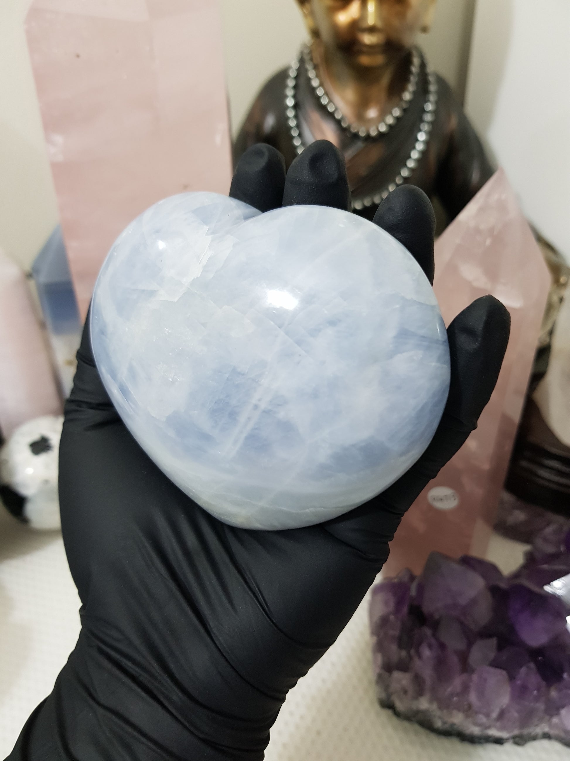 Blue calcite crystal heart polished sky blue 476g