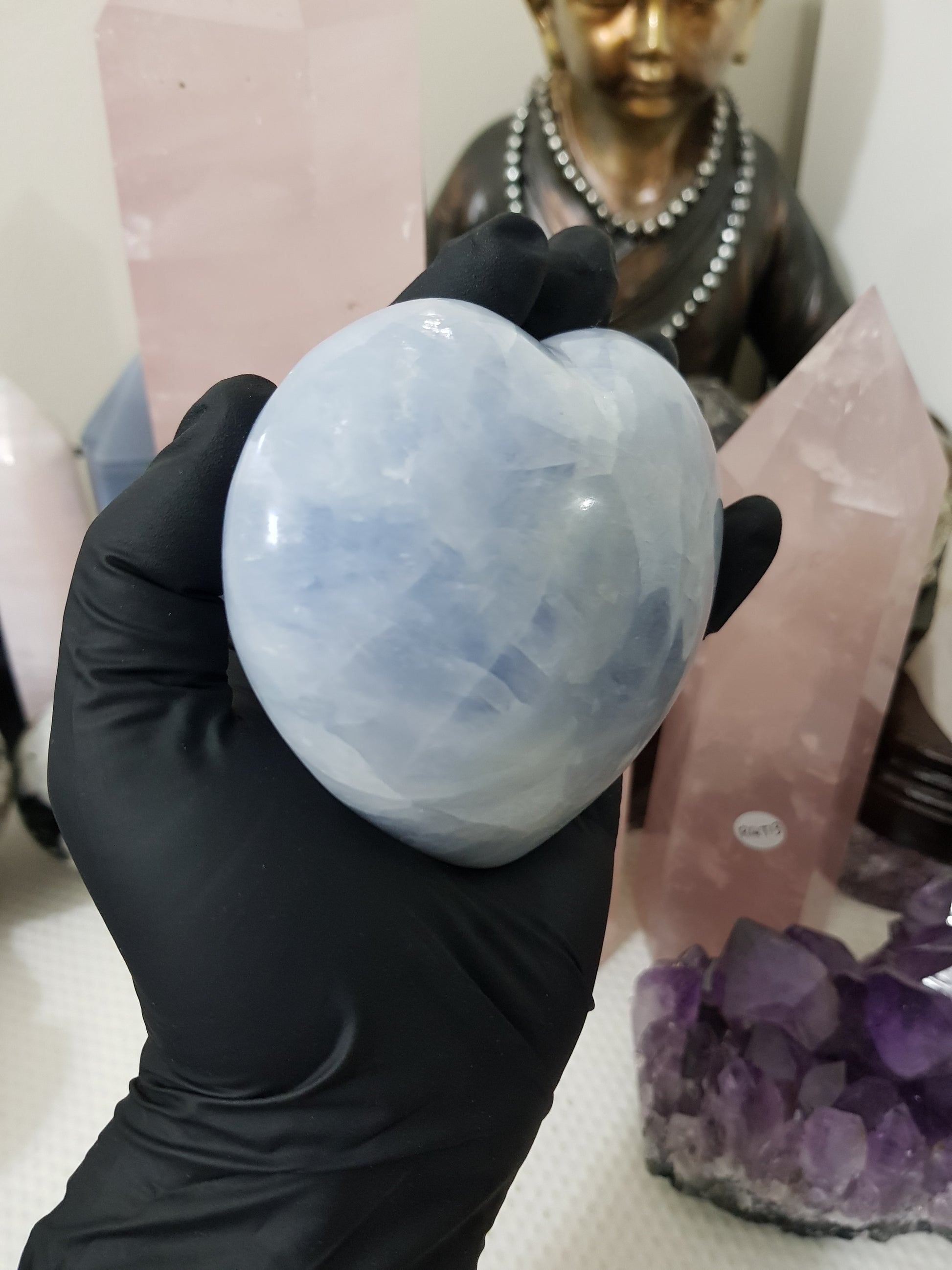 Blue calcite crystal heart polished sky blue 476g