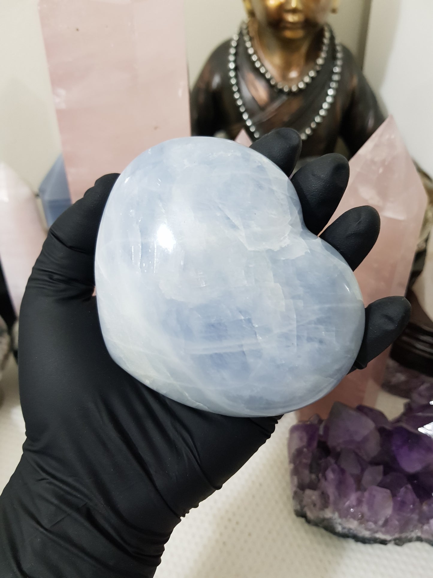 Blue calcite crystal heart polished sky blue 476g