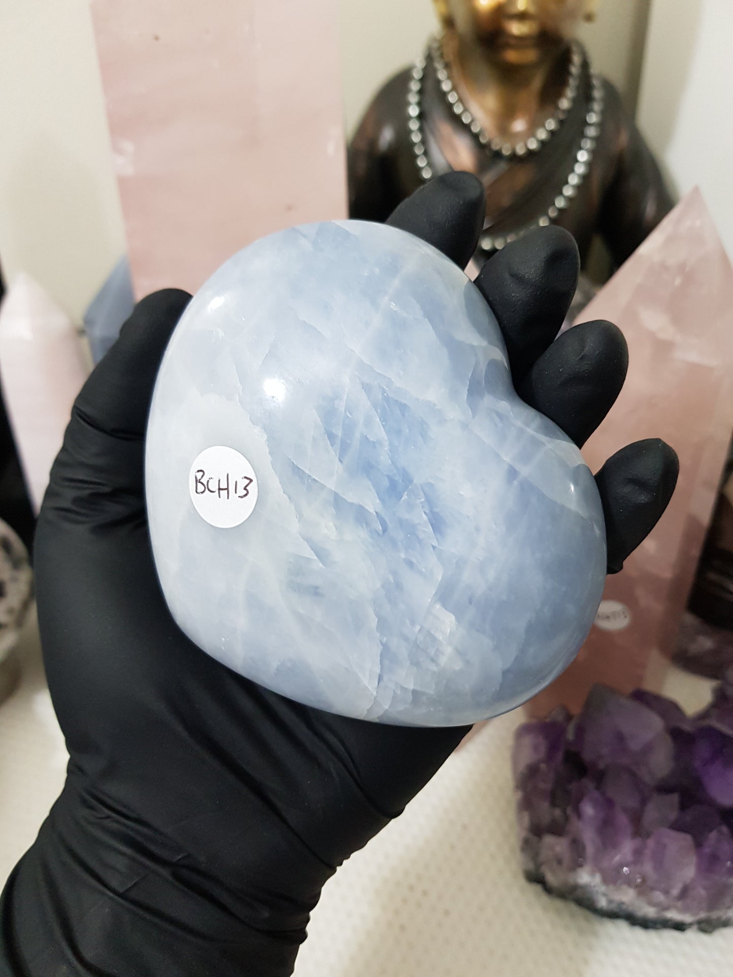 Blue calcite crystal heart polished sky blue 476g