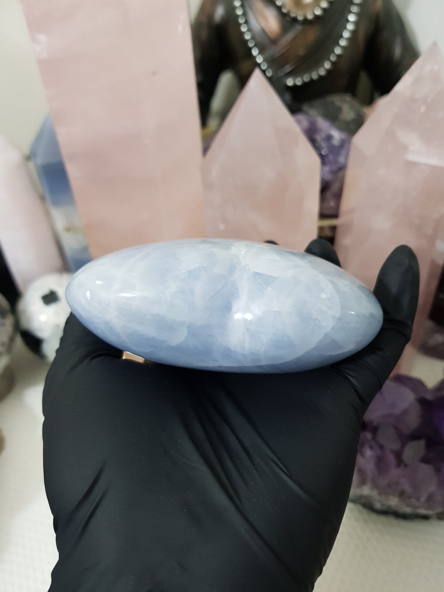 Blue calcite crystal heart polished sky blue 476g