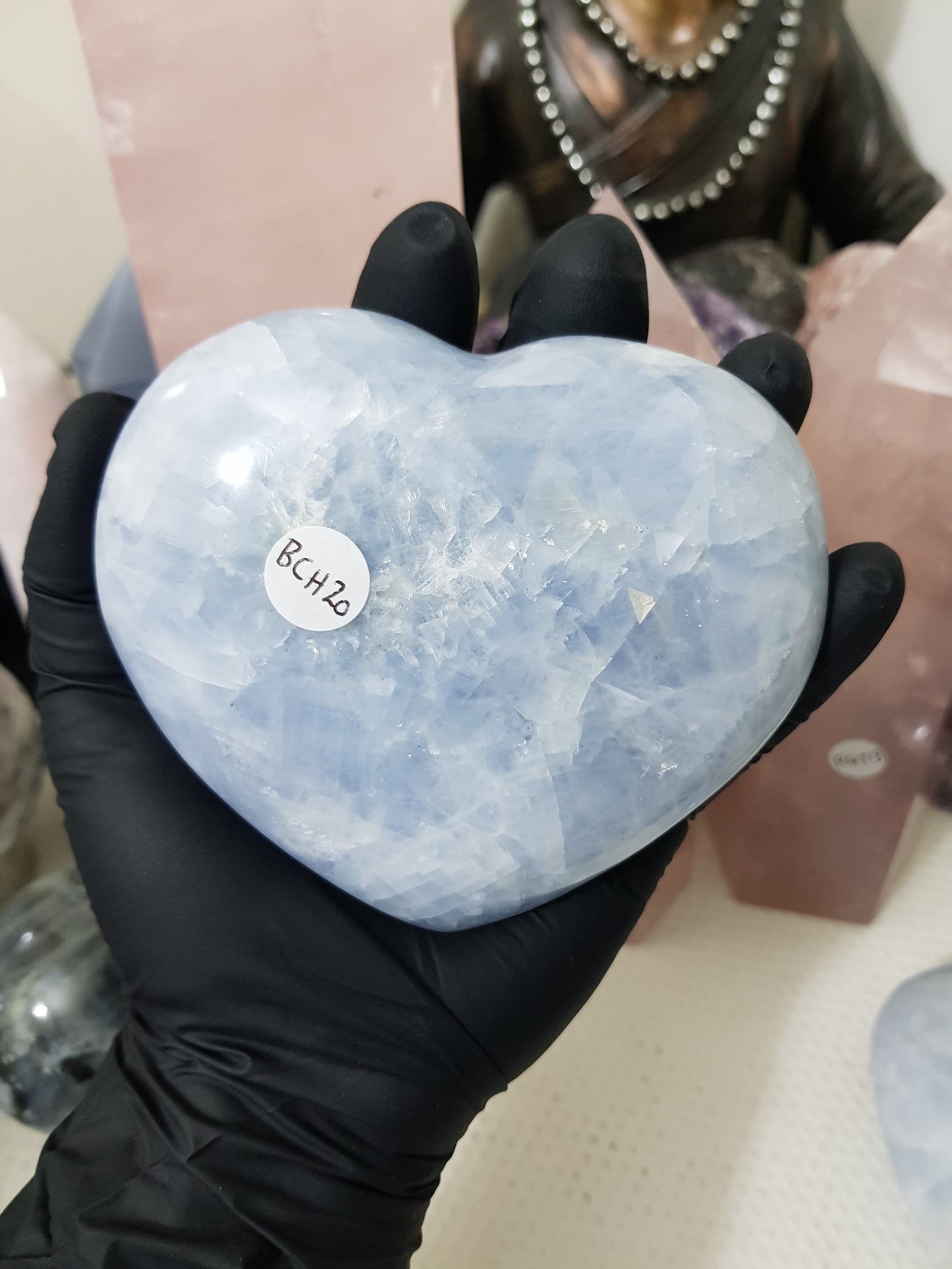 Blue calcite crystal heart polished sky blue 496g